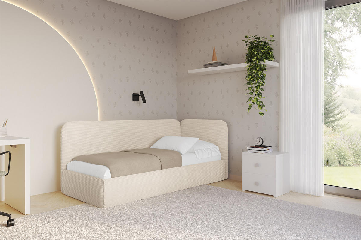 EINZELLBETT Jugendbett mit Bettkasten und Matratze H3/H4, Links - ELSY 100x200 Beige - Creme, Holzwerkstoff/Textil (100/200cm) - ALTDECOR