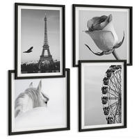 BILDER SET 4er Set - 50x50 cm & 40x60 cm Schwarzer Rahmen - Rose Eiffelturm Pferd Riesenrad S/W - Schwarz, Kunststoff (50/50cm) - TULUP