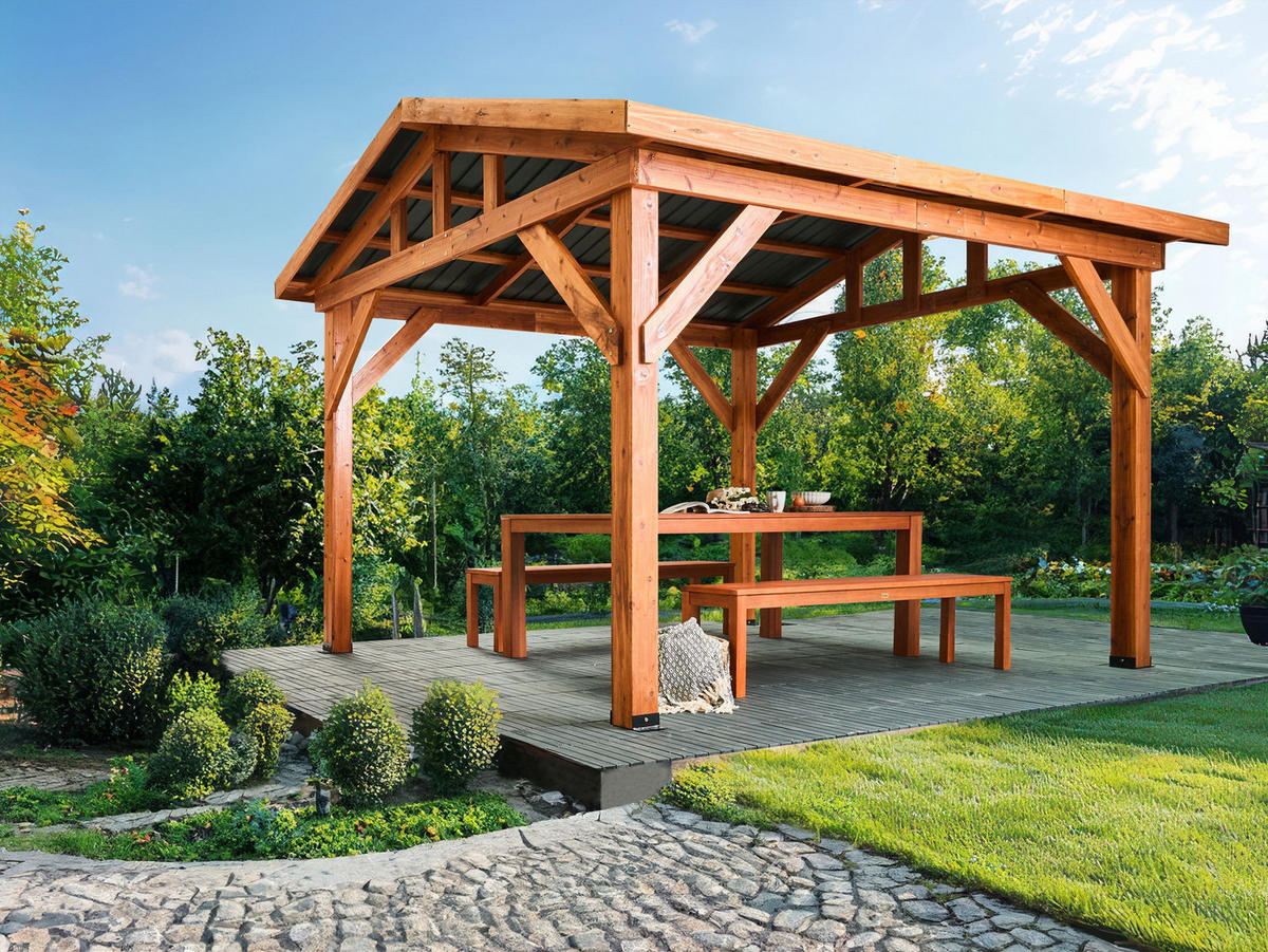 ZAHRADNÍ PAVILON Jedlové dřevo 296/350 cm Hnědý/Šedý Secchia - tmavě šedá/hnědá, dřevo (296/256/350cm) - Beliani