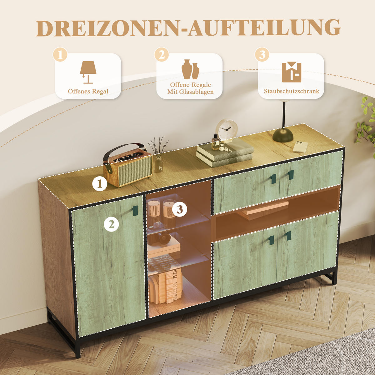 SIDEBOARD 160 cm Naturholz & Schwarz mit Doppeltüren, Glasregal & Metallrahmen im modernen Stil - Naturfarben, Holzwerkstoff (160/84.5/40cm) - Urban Meuble
