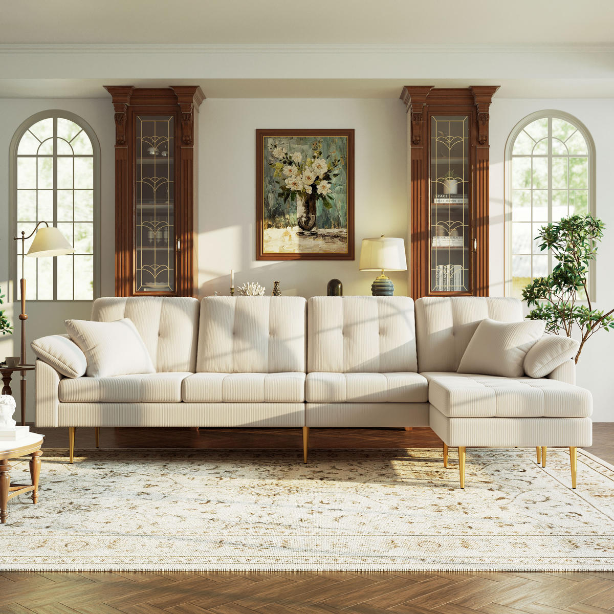 ECKSOFA 4-Sitzer Cord mit flexiblem Hocker, DE-42943, Cremeweiß - Creme, Metall (250/70cm) - ComfortXL