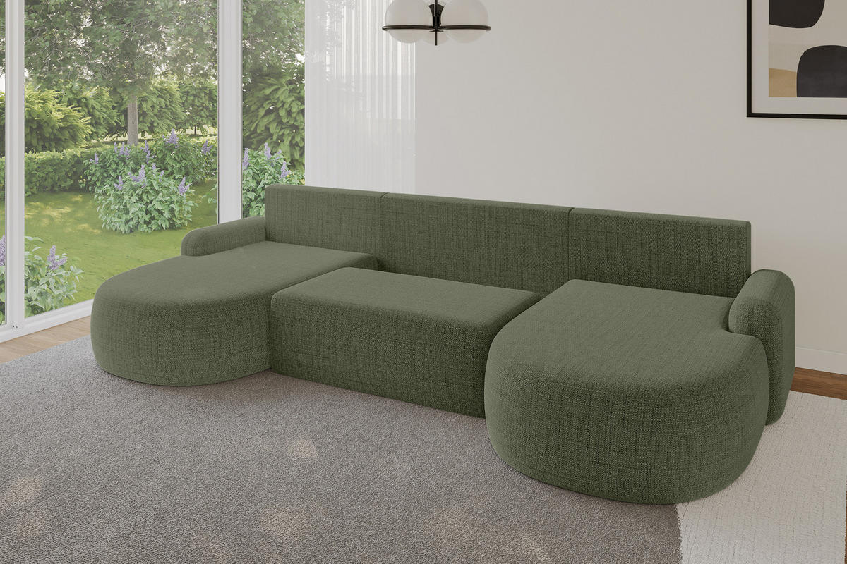 WOHNLANDSCHAFT mit Schlaffunktion und Bettkasten LIRA-U - 335x172x89 Grün - Dunkelgrün, Holzwerkstoff/Textil (335/89/172cm) - ALTDECOR