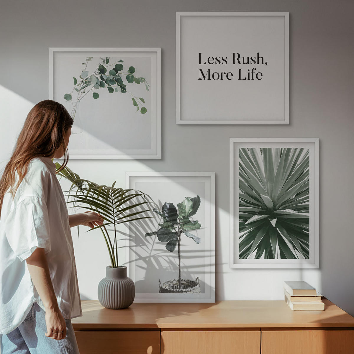 WANDBILDER 4er-Set - 50x50 cm & 40x60 cm Weißer Rahmen - Minimalismus mit grünen Pflanzen - Weiß, Kunststoff (50/50cm) - ArtPrintCave