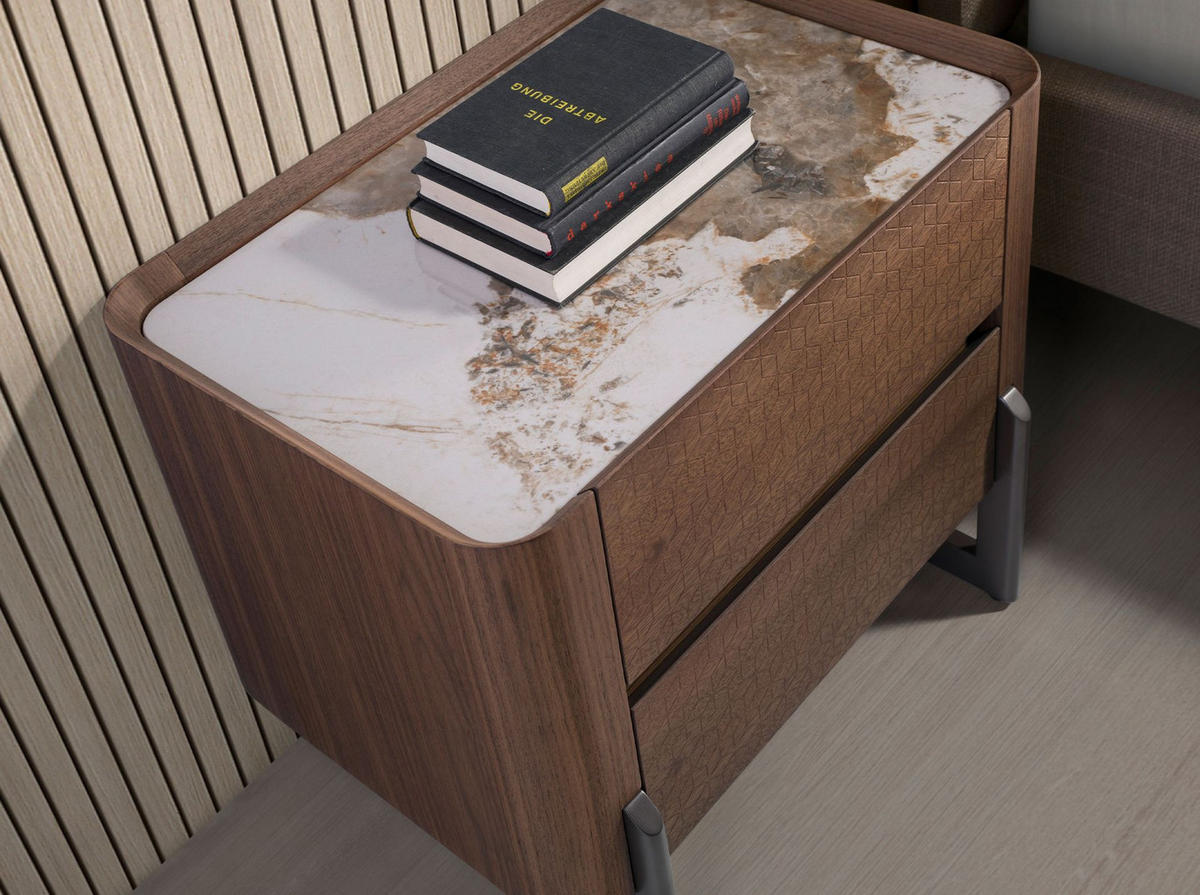 NACHTSCHRANK Nachttisch aus Nussbaum und dunklem metallisiertem Stahl mit Platte aus Porzellanmarmor 60/40/52 cm - Walnussfarben/Weiß, Holz (60/52/40cm) - ANGEL CERDA