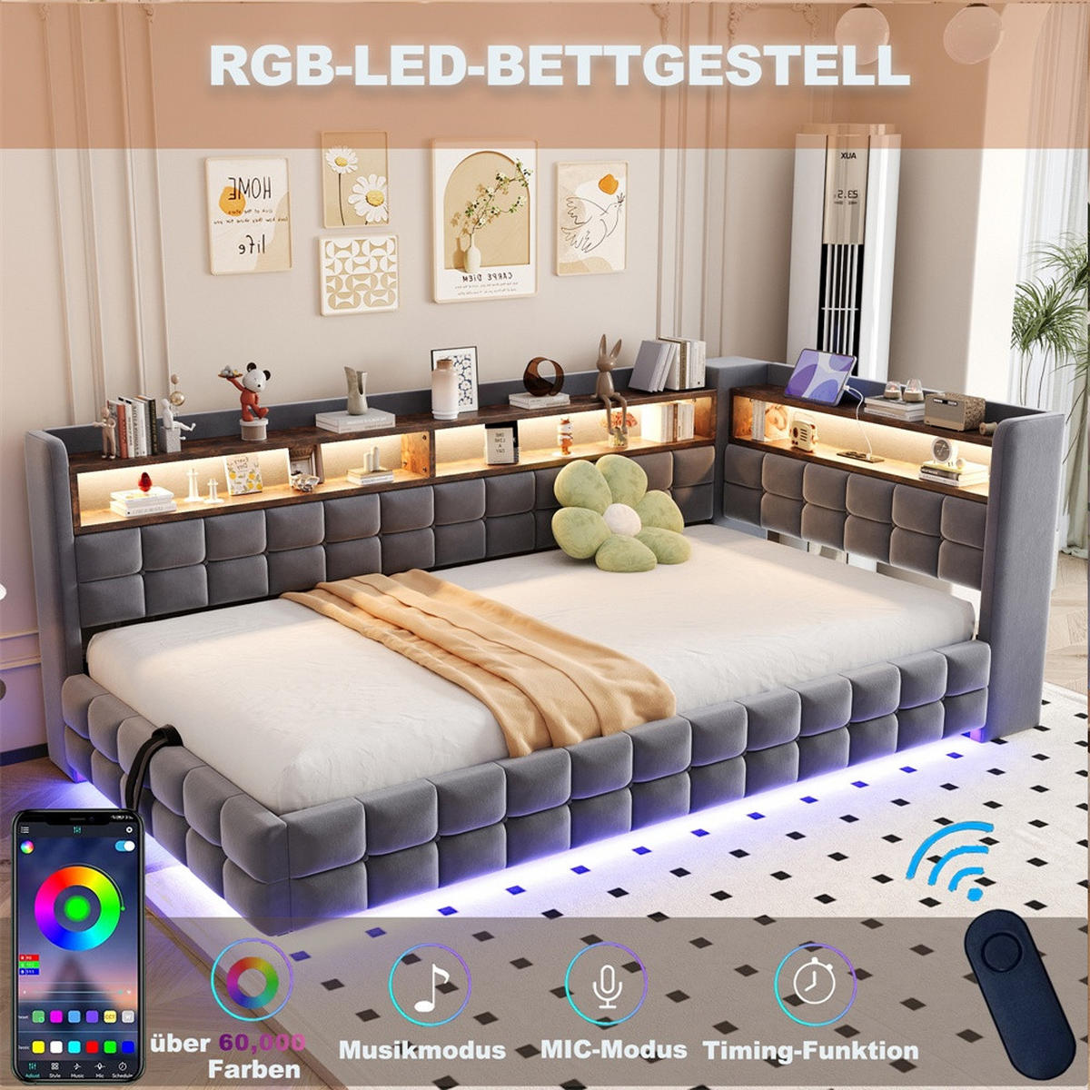 POLSTERBETT 90x200 cm mit hydraulischem Stauraum und Regal - LED Beleuchtung - USB & Typ-C - Grau - ohne Matratze - Grau, Textil (90/200cm) - DELFA