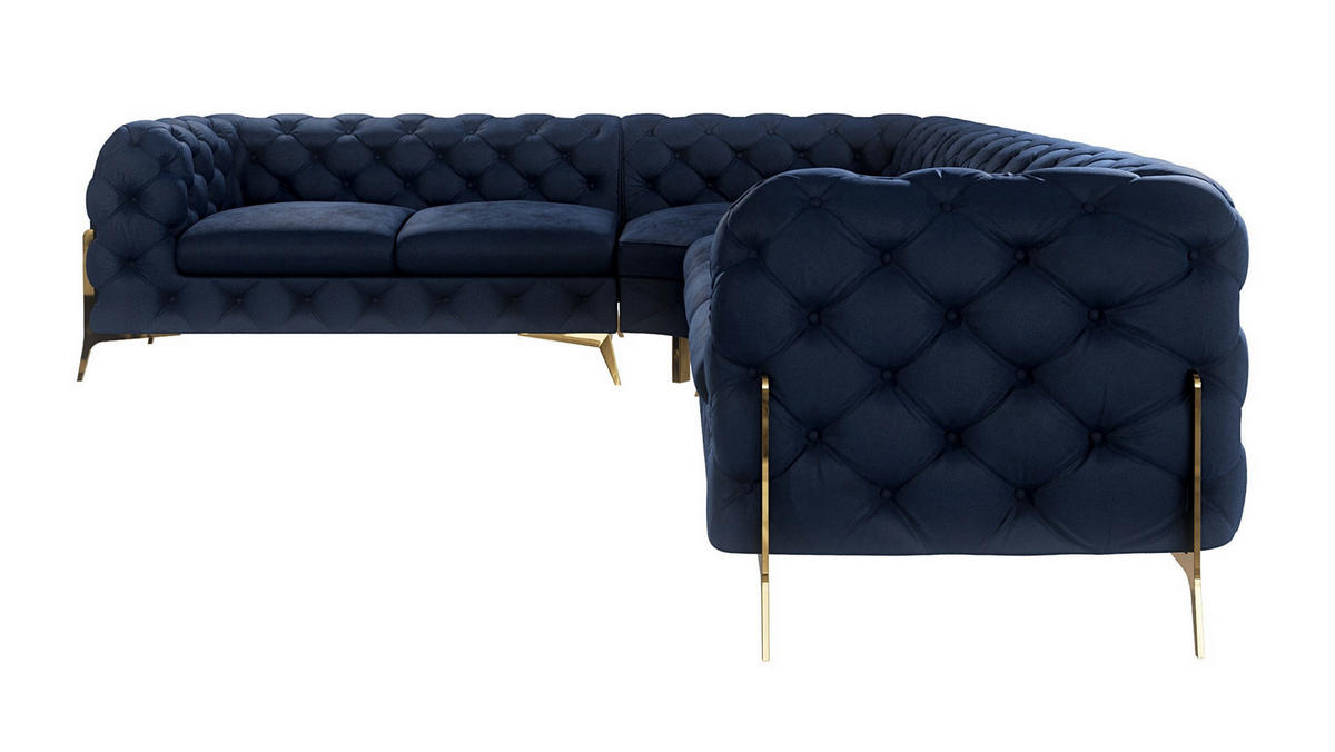 ECKSOFA Chesterfield Lexi Marineblau Samt, langer Schenkel rechts - Goldfarben/Dunkelblau, Holz/Textil (323/264cm) - S-Style Möbel