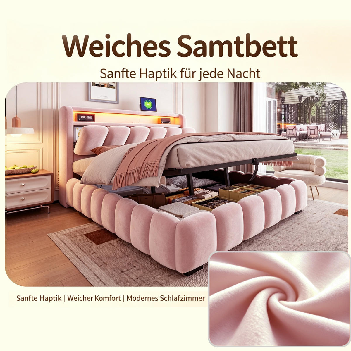BOXBETT 180/200 mit LED/USB-C, Samt, Rosa - Rosa, Holz (180/200cm) - LVHOM