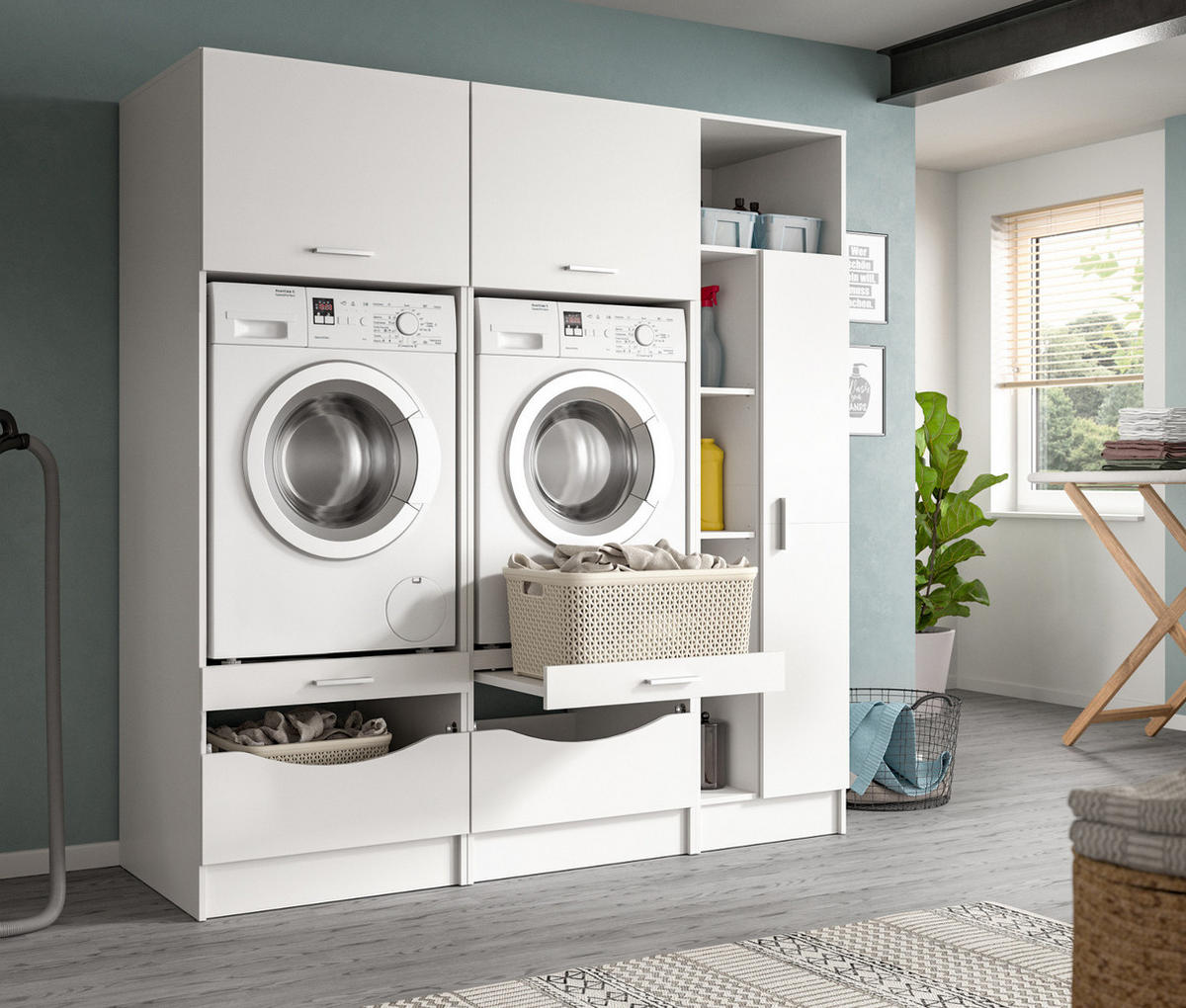 WASCHMASCHINENSCHRANK weiß Set 3-teilig, Waschmaschinenumbau 182 cm mit viel Stauraum - Silberfarben/Weiß, Glas/Holzwerkstoff (182/195/68cm) - Inn.Furn
