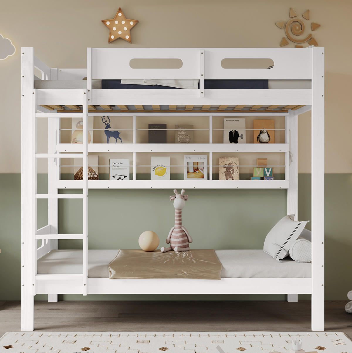 ETAGENBETT aus Kiefernholz und MDF 90x200 cm Weiß/Natur mit Regal, Fallschutz und 5-stufiger Leiter - Weiß, Holzwerkstoff (90/200cm) - IVMEU