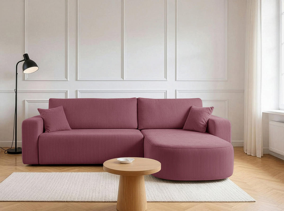 ECKSOFA mit Schlaffunktion Teeo L-Form universal mit Bettkasten Lachsfarben Cord - Koralle/Schwarz, Kunststoff/Textil (275/170cm) - Homebook