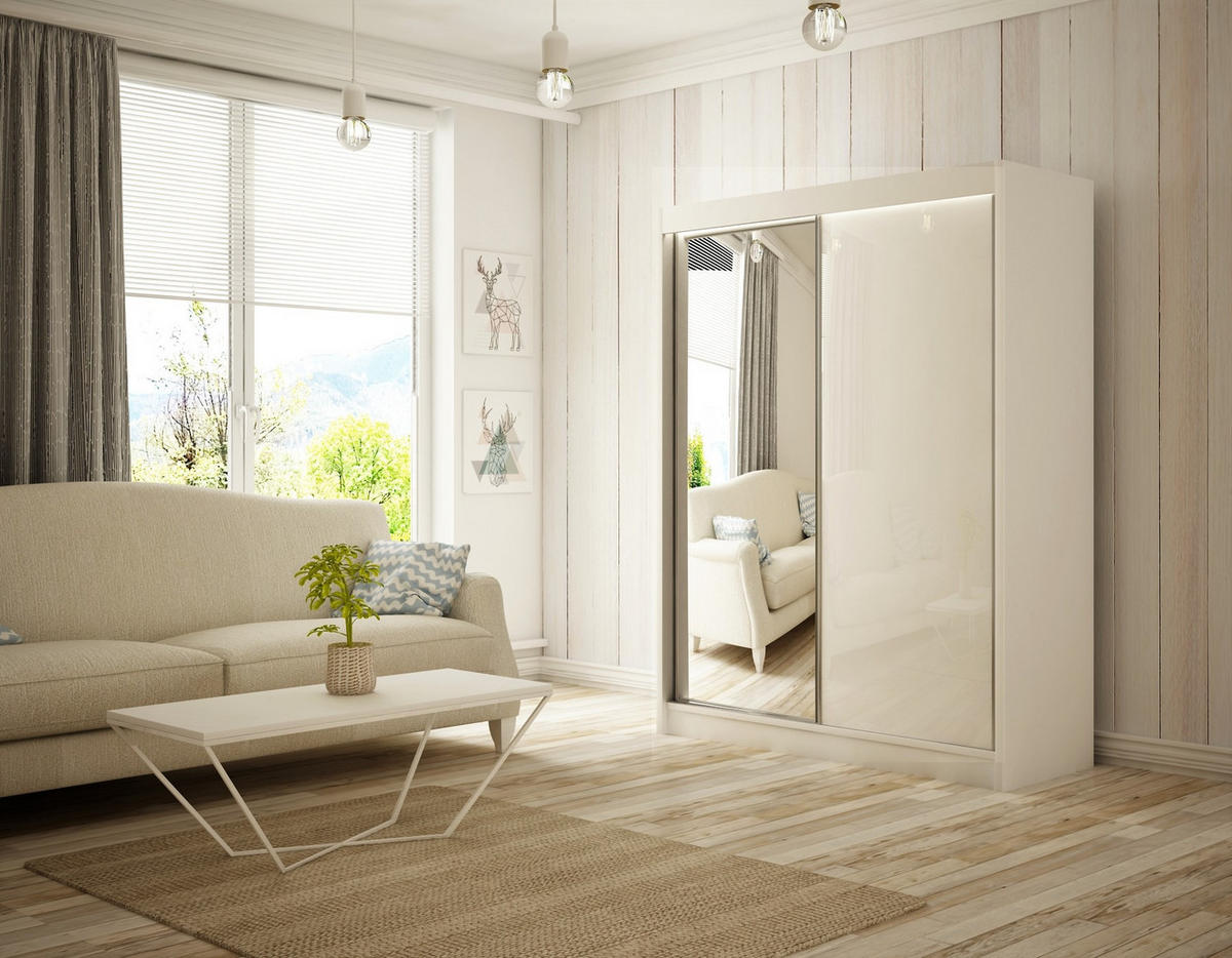 SCHIEBETÜRENSCHRANK ELIS - Weiß, Holzwerkstoff (150/215/61cm) - Meblini