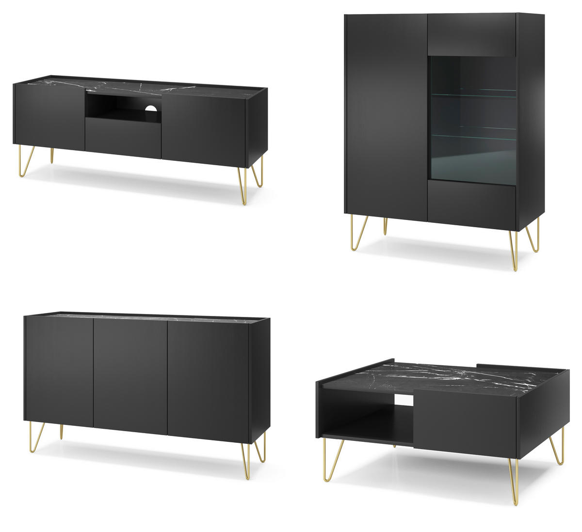 WOHNWAND Canmore 1, 4-er Set, Scharnier Häfele Marmor Schwarz Graphit Schwarz - Graphitfarben, Glas/Holzwerkstoff (482/122/37cm) - Komodee