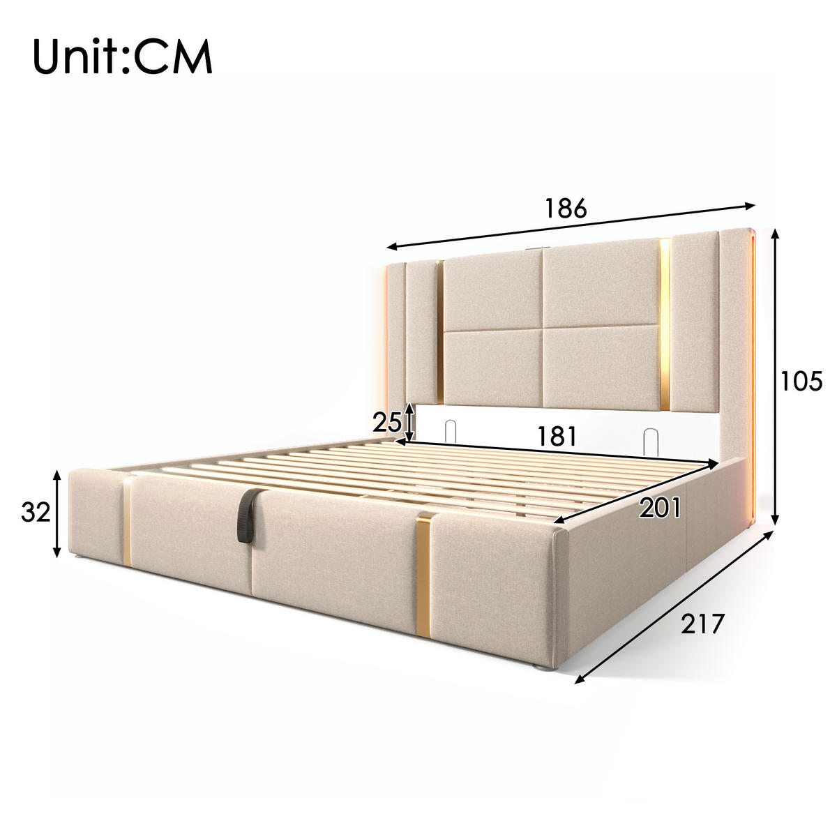 POLSTERBETT 180/200 cm Beige mit USB- und Type-C-Anschlüssen und LED-Beleuchtung - Beige, Textil (180/200cm) - OKWISH