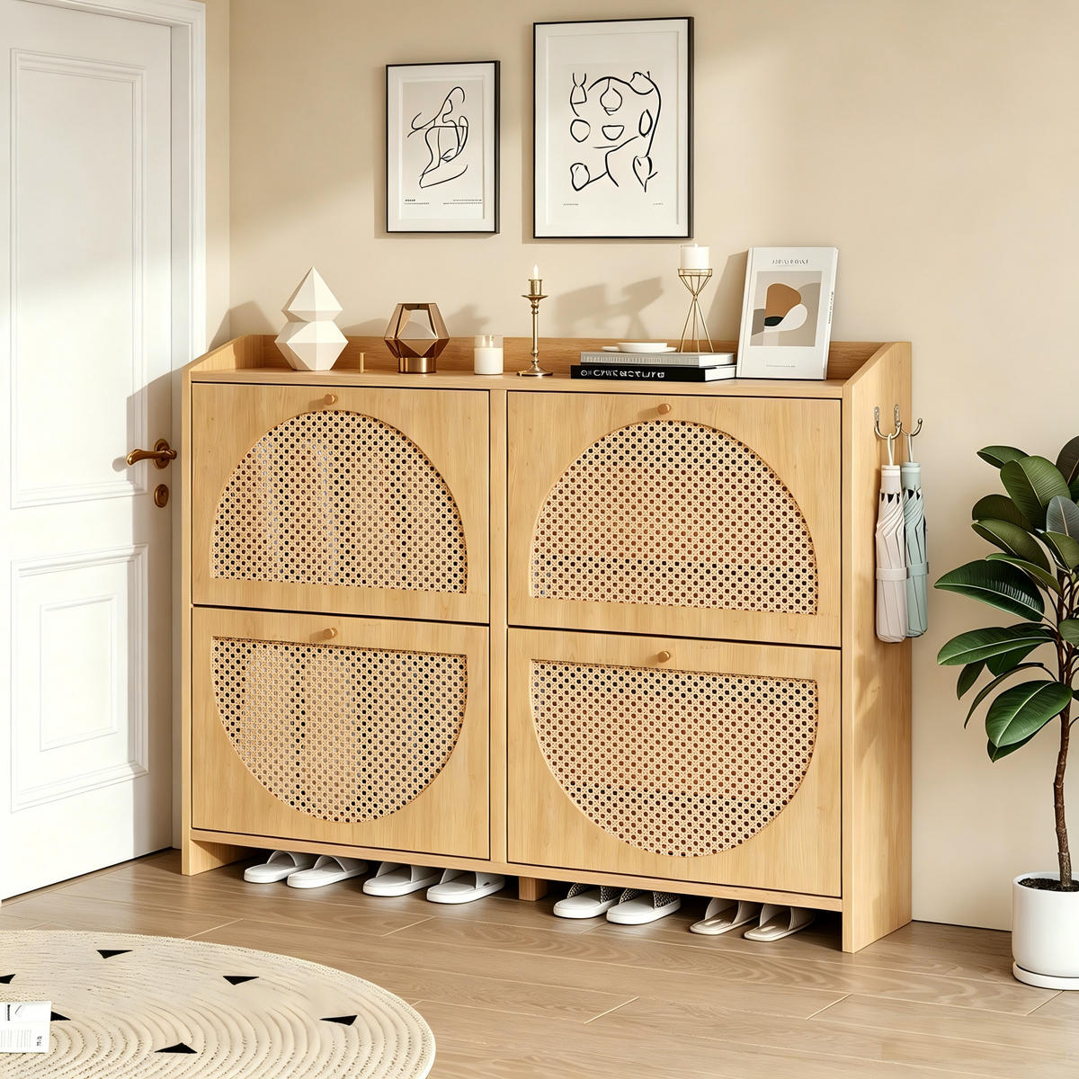 SCHUHSCHRANK in Naturfarben mit 4 Kipptüren mit 8 Fächern für Flur, B120/T24/H90 cm - Naturfarben, Holzwerkstoff (120/90/24cm) - STILVORA