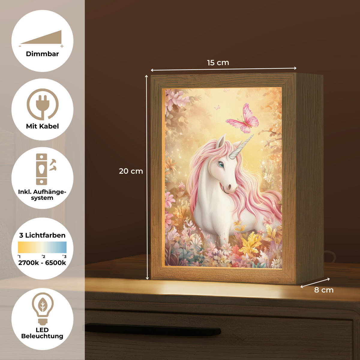 NACHTTISCHLAMPE Einhorn - Blumen - Schmetterling - Rosa 15x20 cm - Beige, Holzwerkstoff (8/15/20cm)