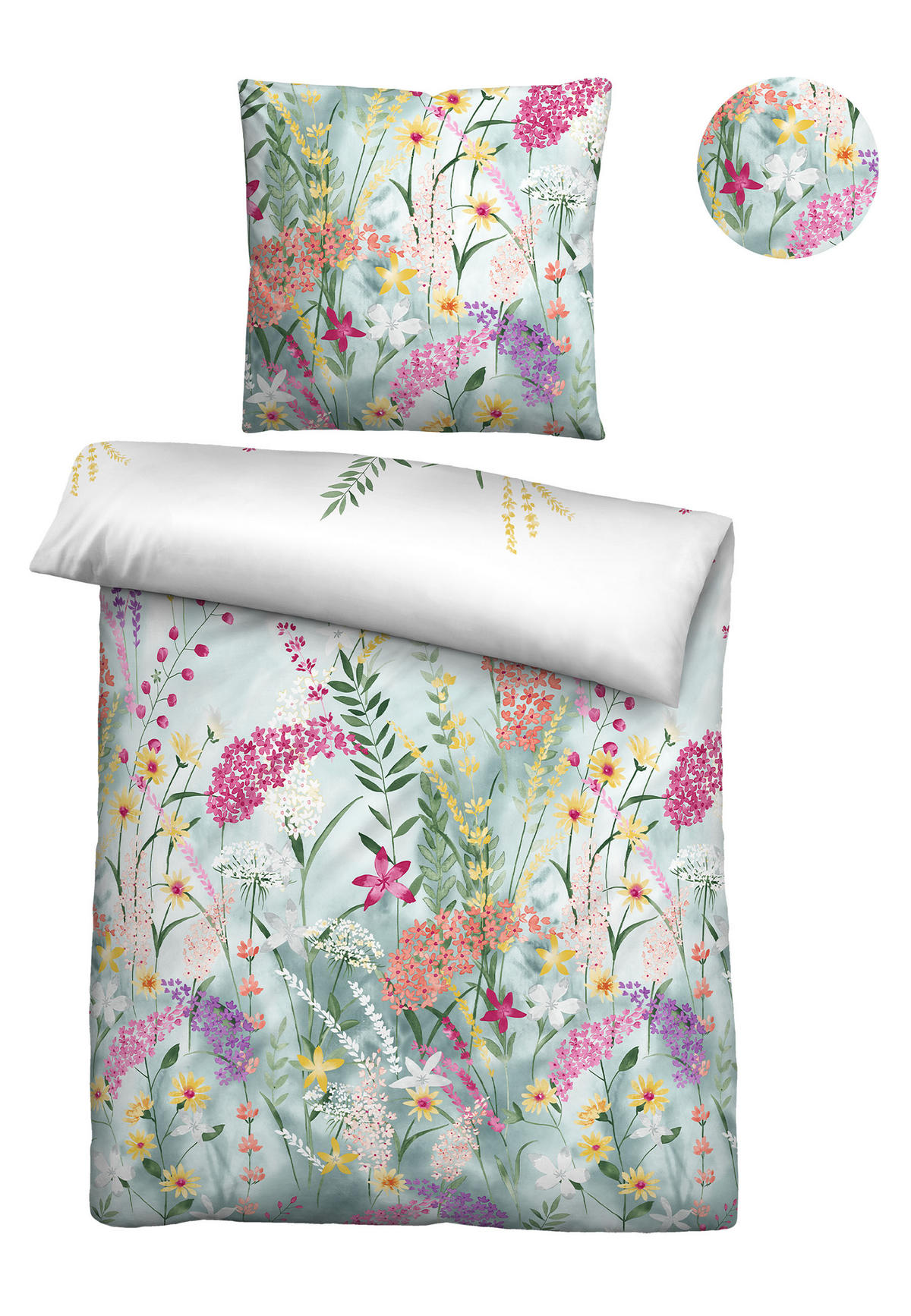 BETTWÄSCHE-GARNITUR Seersucker Sommerwiese aqua, 155x220 cm + 80x80 cm - Türkis, Textil (155/220cm) - biberna