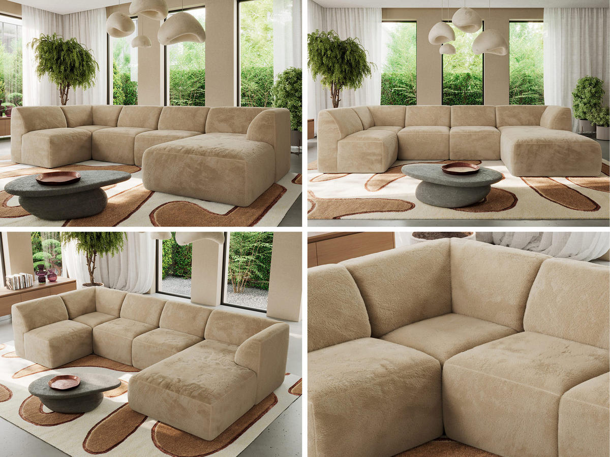 WOHNLANDSCHAFT MODARO U 5M - Beige Plüsch - Rechts - Beige/Schwarz, Textil (345/78/180cm) - MKS