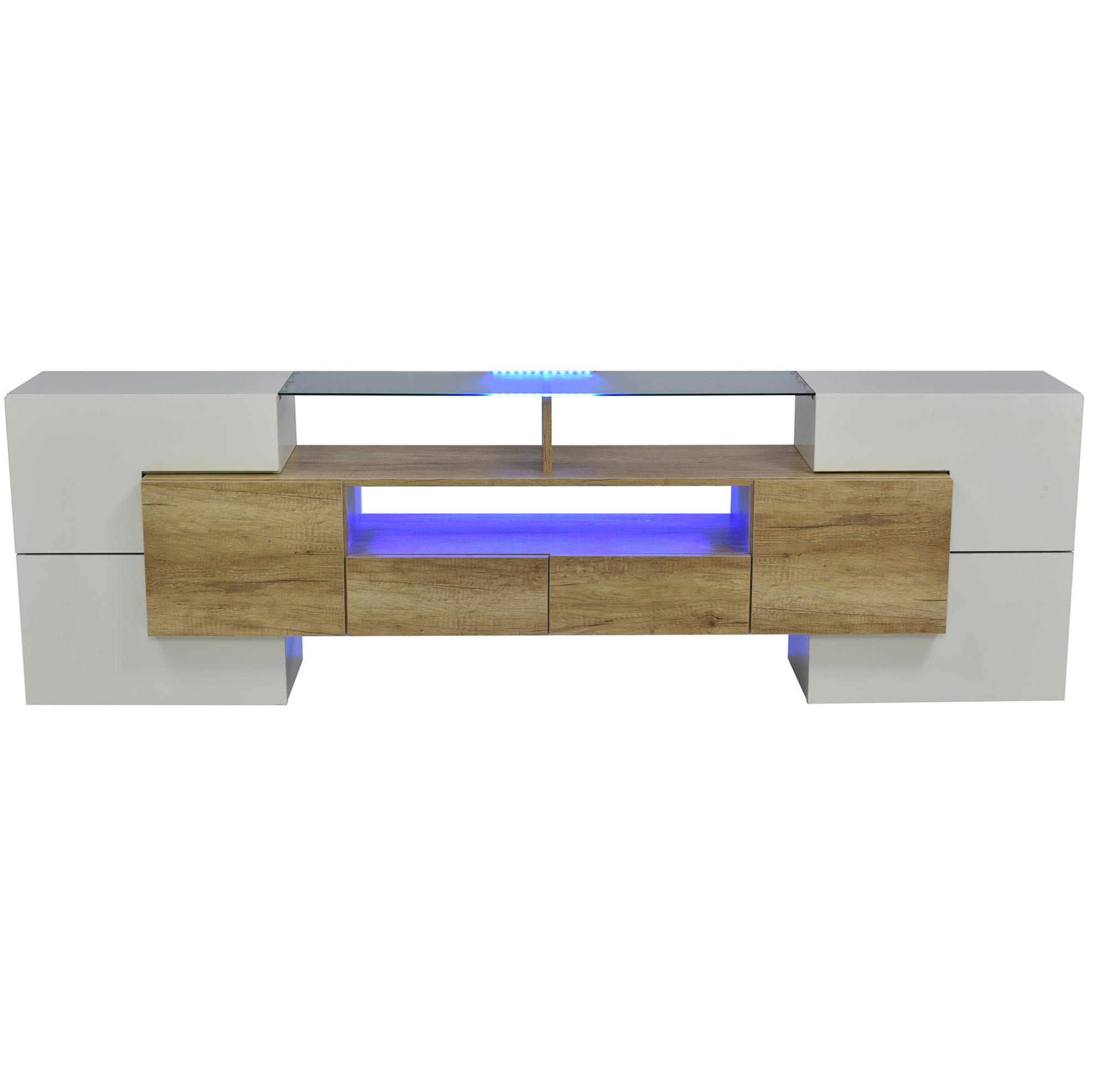 LOWBOARD 200/35/60 cm in Hochglanz Weiß und Holzfarbe mit LED-Beleuchtung - Weiß, Holzwerkstoff (200/60/35cm) - Flora Grace