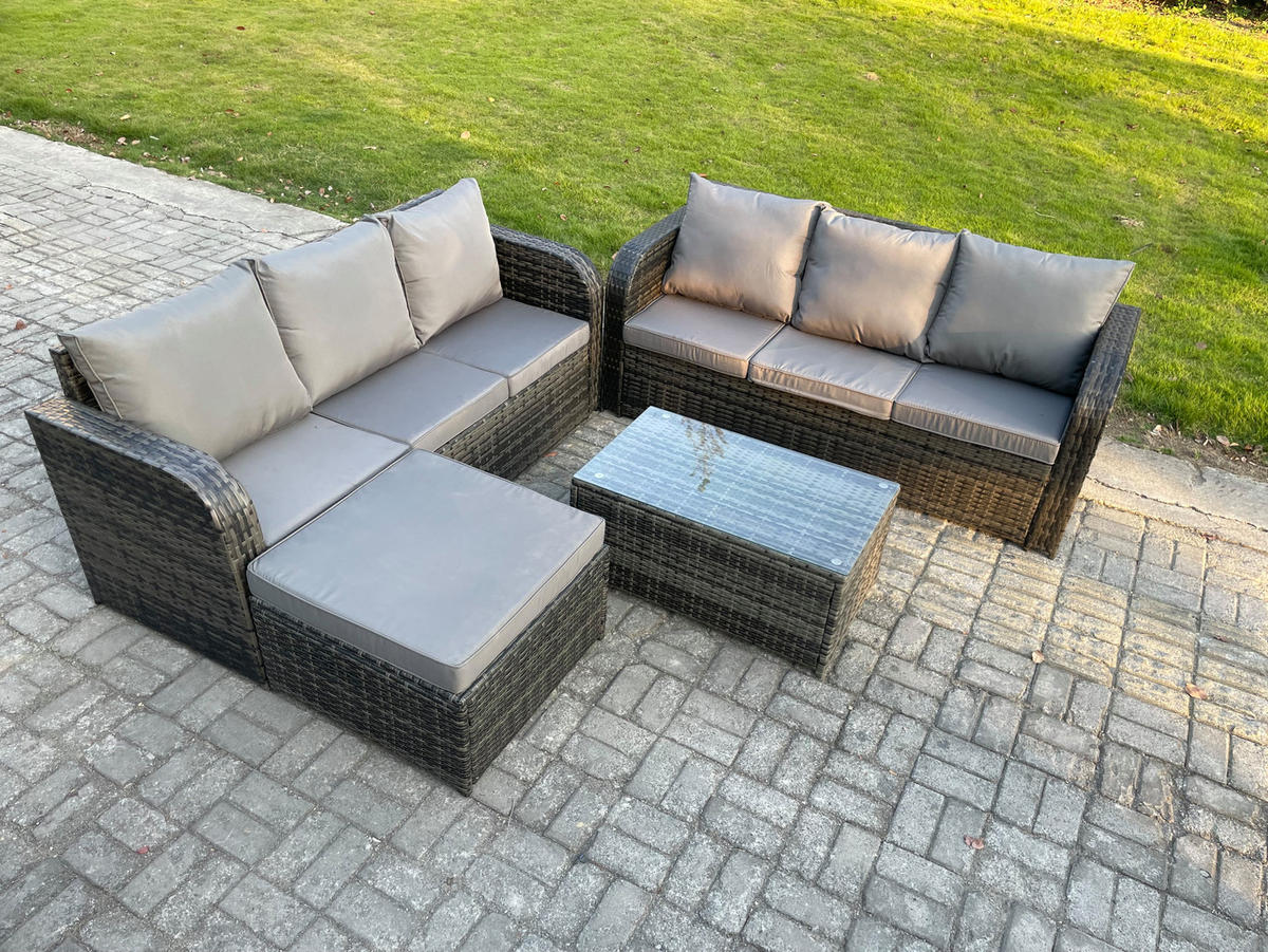 GARTENMÖBEL-SET mit Kissen Polyrattan Dunkelgrau 7-Sitzer - Dunkelgrau/Grau, Glas/Kunststoff - Fimous