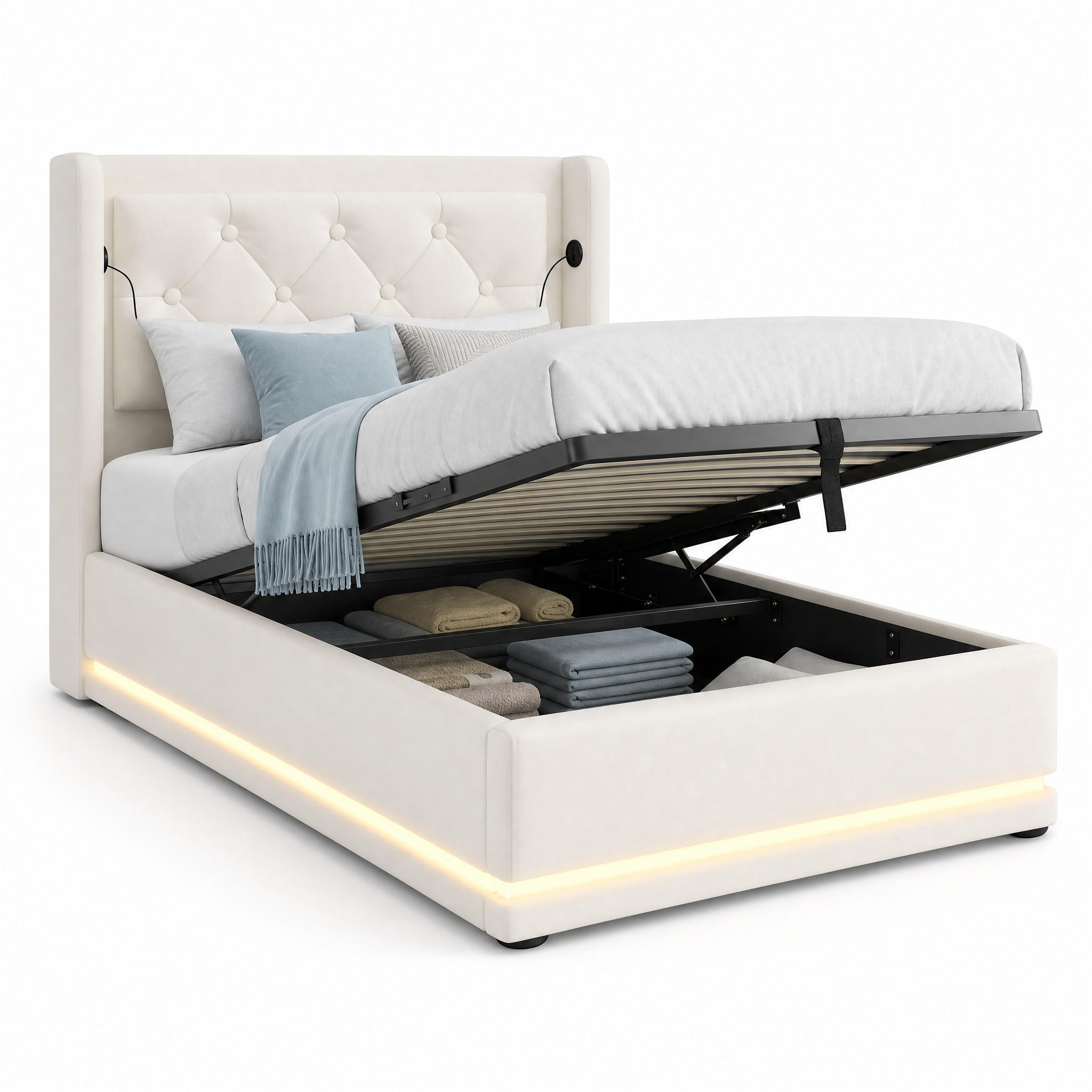 POLSTERBETT 90/200 cm in Weiß mit Bettkasten, LED, USB und Type-C - Weiß, Holzwerkstoff/Textil (90/200cm) - STILVORA