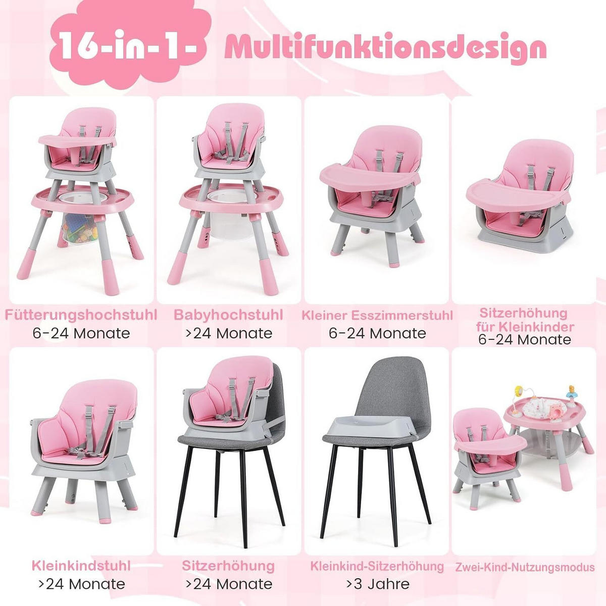 BABYHOCHSTUHL mit abnehmbarem Tablett blau - Pink, Kunststoff (60/93/60cm) - COSTWAY