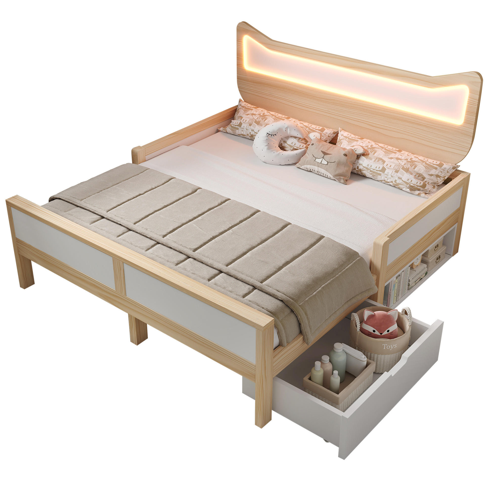 KINDERBETT 140/200 cm aus Holz mit LED-Katzenkopfteil und Stauraum Weiß/Eiche - Eichefarben, Holz (140/200cm) - Modenvie