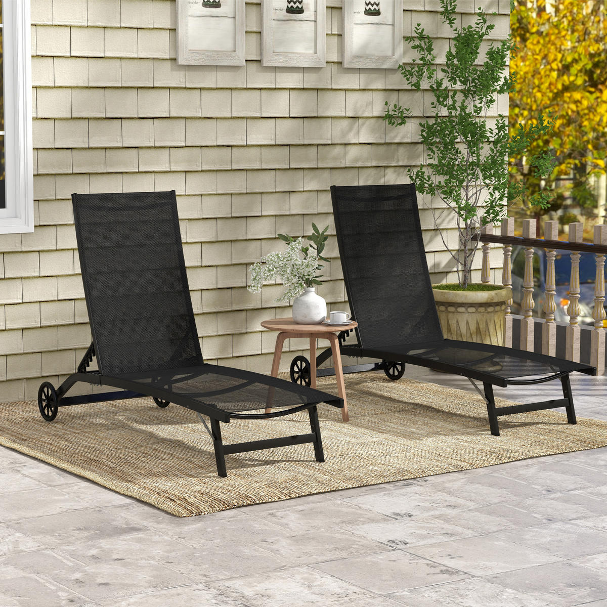 SONNENLIEGE 2er-Set DE-15618 mit Rollen, 5-fach verstellbar Schwarz - Schwarz, Metall (165/102/66cm) - ComfortXL