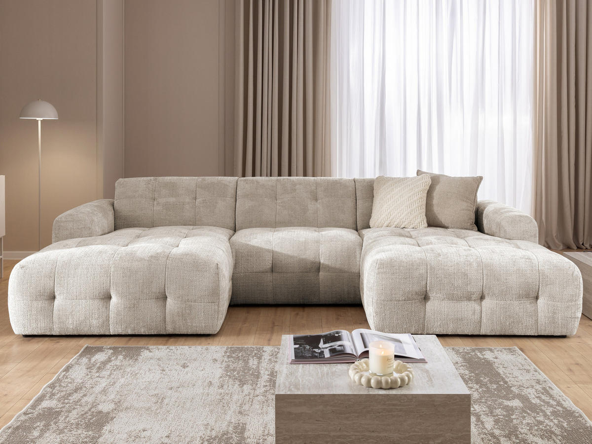 WOHNLANDSCHAFT Kozy im Bumpy-Design mit fester Rückenlehne aus weichem Dunkelbeige Chenille-Stoff - Beige/Schwarz, Holz/Kunststoff (323/79/161cm) - S-Style Möbel