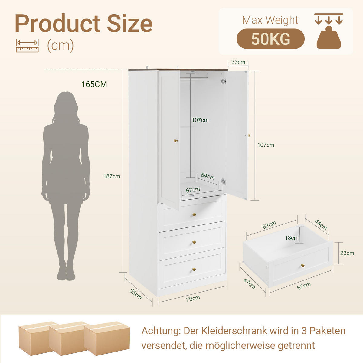 KLEIDERSCHRANK mit 2 Türen, 3 Schubladen und Kleiderstange Weiß 70x55x187cm - Ahornfarben, Fell (70/187/55cm) - SoBuy