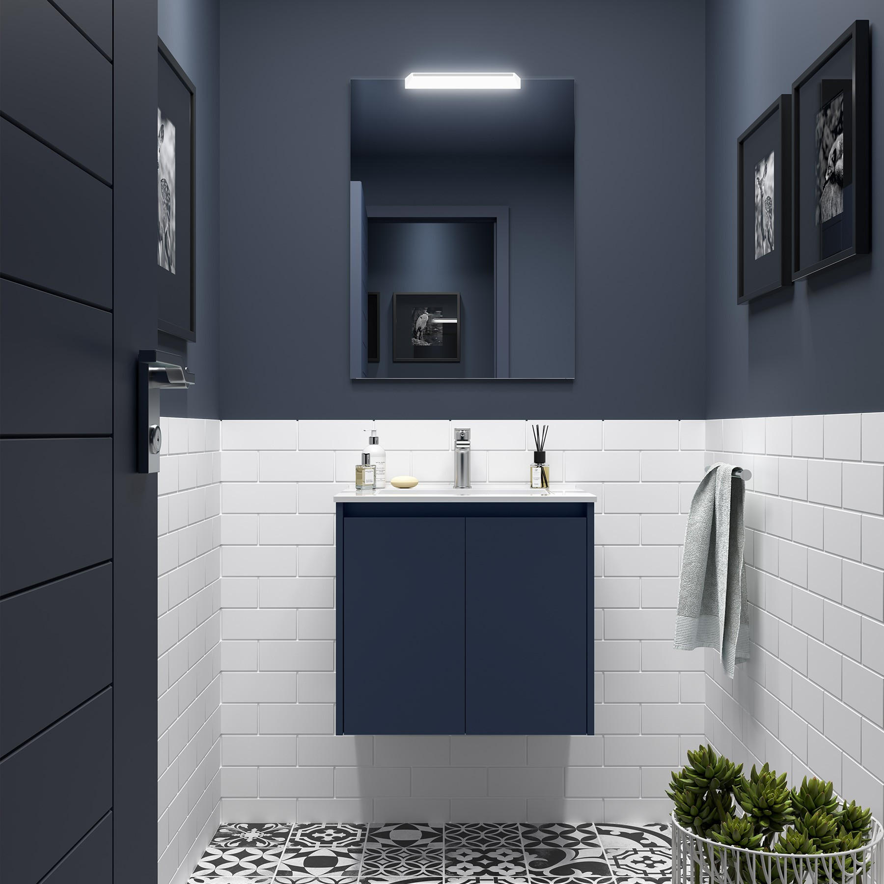 BADEZIMMERMÖBEL NOJA 600 2 Türen BLUE SATIN + Waschtisch + Spiegel - Schwarz, Metall (45/54/60cm) - Salgar