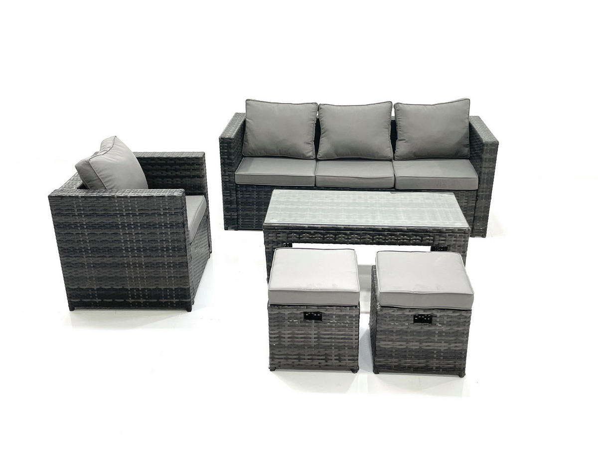 GARTENMÖBEL-SET COUCHTISCH SESSEL SOFA mit HOCKER Polyrattan Dunkelgrau Gemischt 6-Sitzer - Dunkelgrau/Grau, Glas/Kunststoff - Fimous