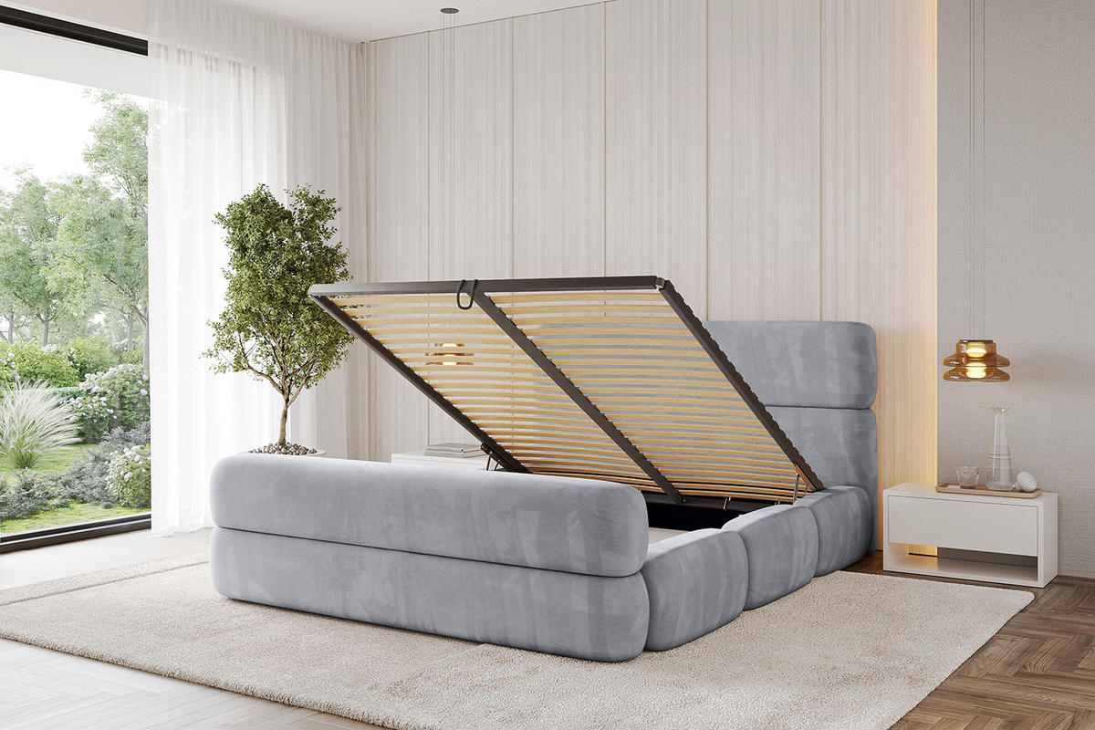POLSTERBETT mit Bettkasten, Fußteil und Lattenrost, Bett mit Matratze H3/H4 - ELVA-Z 180x200 Hellgrau - Hellgrau, Holzwerkstoff/Textil (180/200cm) - ALTDECOR