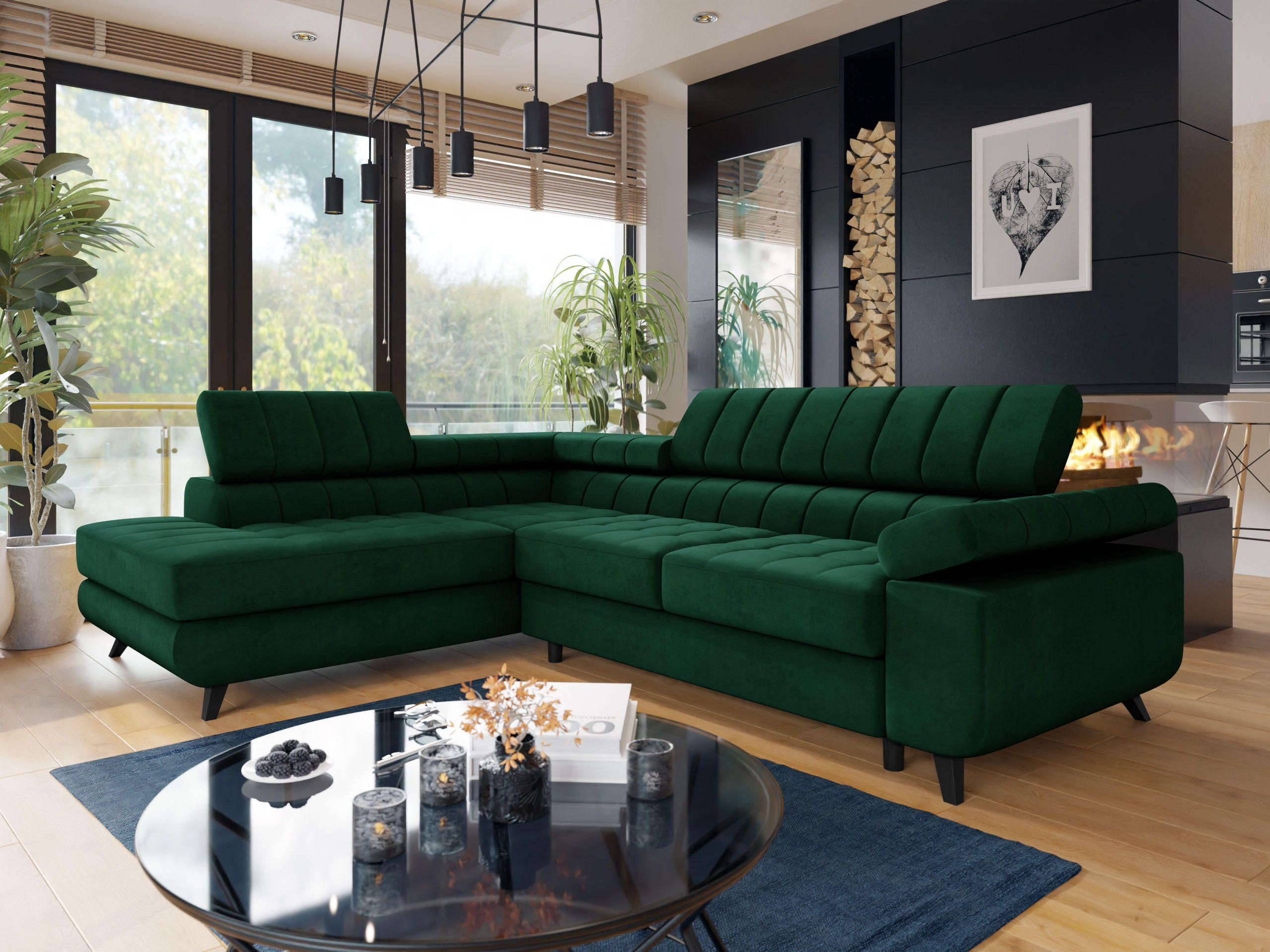 ECKSOFA Nord Premium, Seite: Links - Smaragdgrün/Anthrazit, Holz/Textil (264/203cm) - MIRJAN24