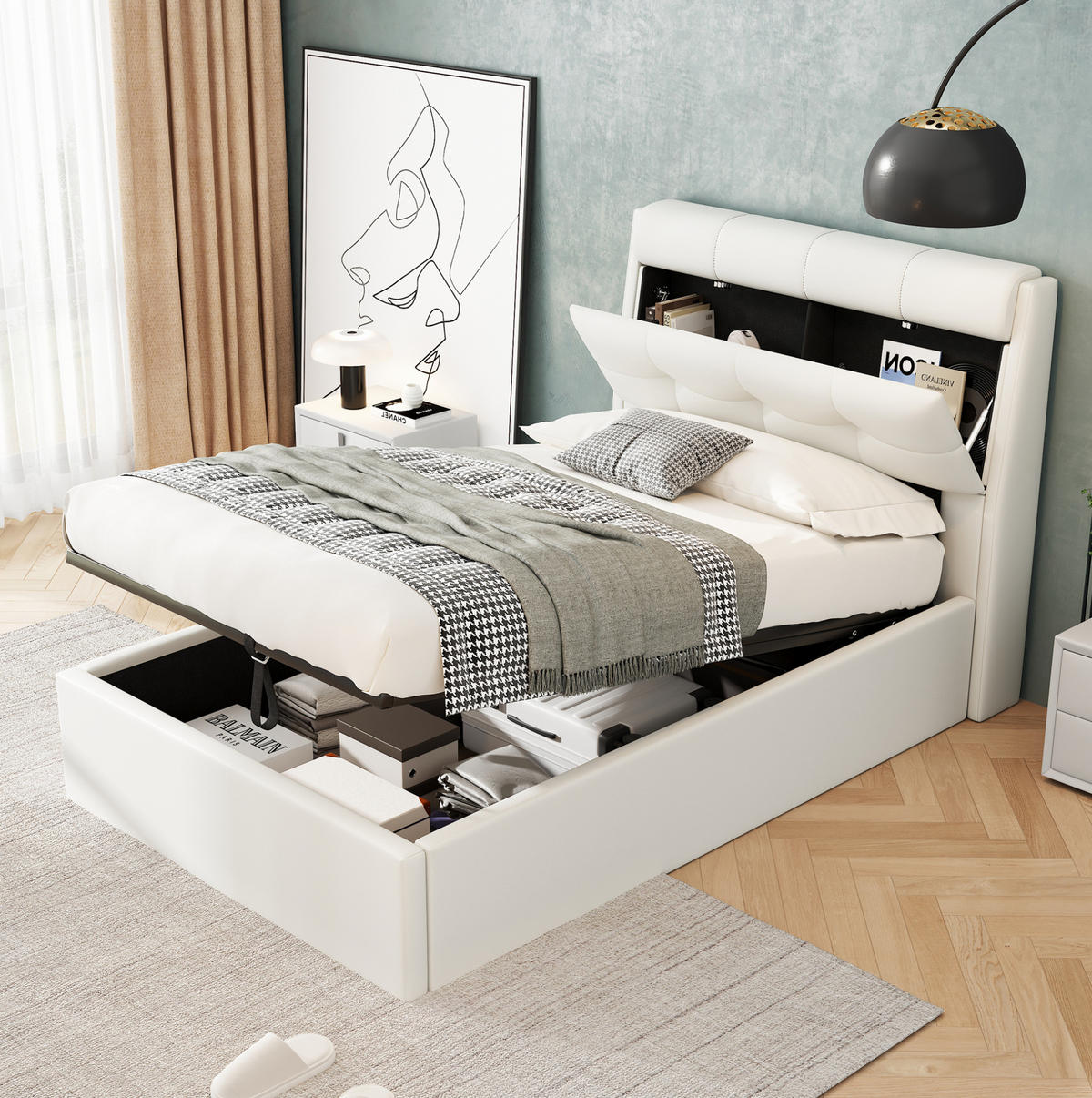 TAPECIRANI krevet 90/200 cm bijeli od PU materijala s hidrauličnim spremištem i uzglavljem - bijela, plastika (90/200cm) - OKWISH
