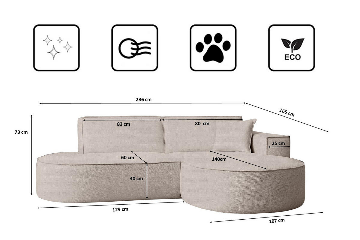 ECKSOFA Modena Studio Stoff Artico, Nata Rechts - Beige, Holz/Textil (236/165cm) - Kaiser Möbel