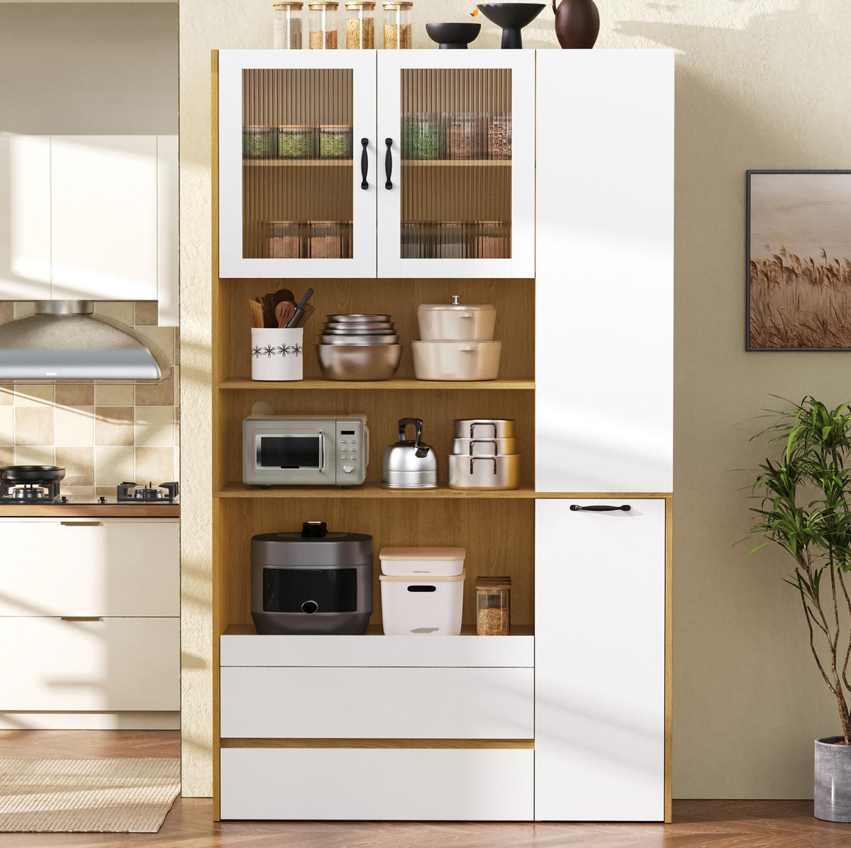 HIGHBOARD 100/200/40 cm Weiß/Natur aus MDF mit Riffelglas - Weiß, Holzwerkstoff (40/200/100cm) - OKMYHOME