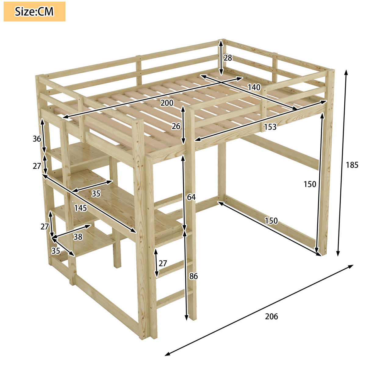HOCHBETT 140/200 cm Natur aus Kiefernholz mit Schreibtisch und Stauraum - Naturfarben, Holz (140/200cm) - OKMYHOME