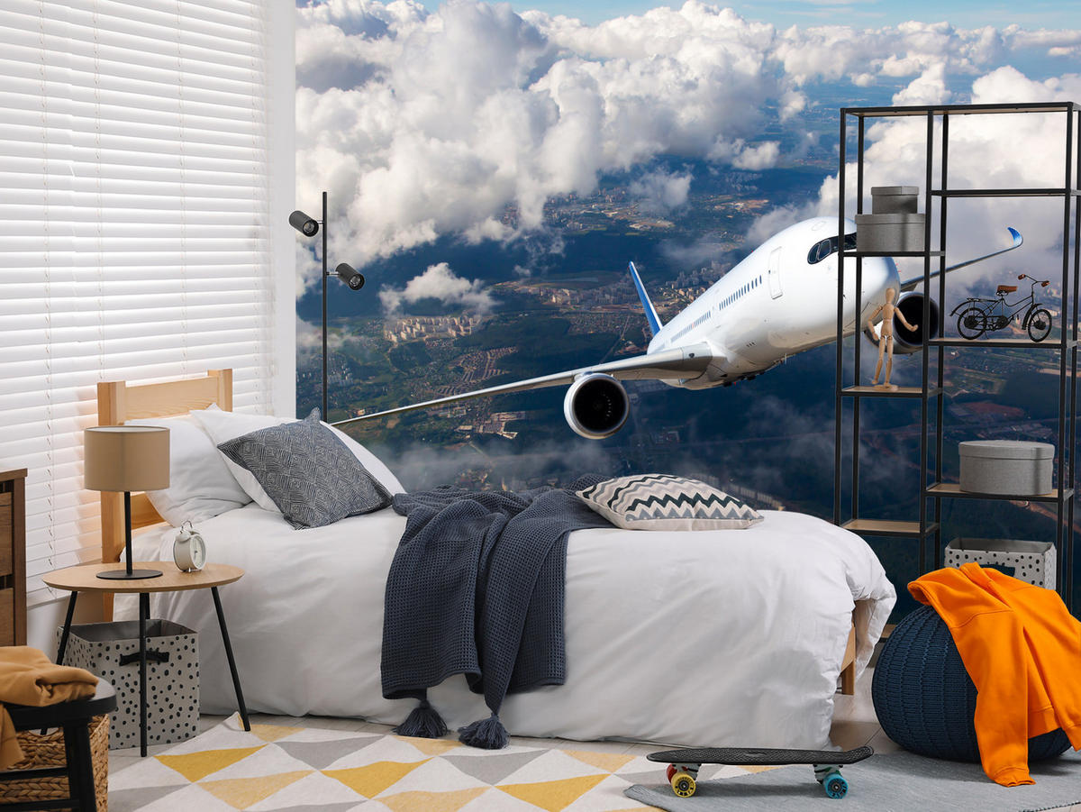 FOTOTAPETE für Jugendzimmer Flugzeug Start Wolken Himmel 200x140 - Blau/Beige, Papier (200/140cm) - Muralo