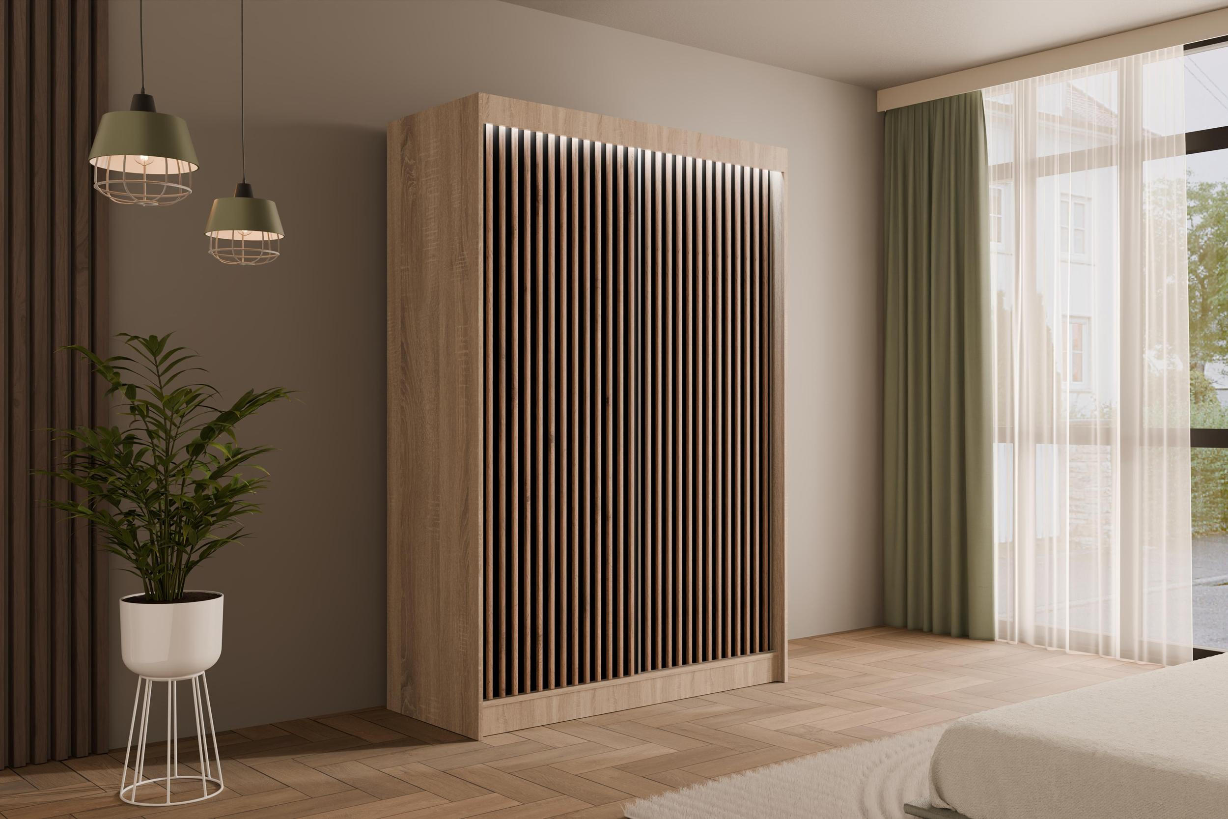 KLEIDERSCHRANK mit LED, Lamel-Schiebetüren VILANv2 - 150 cm Sonoma Eiche + Lamelle Eiche Wotan - Eiche Wotan/Sonoma Eiche, Holzwerkstoff (150/215/61cm) - ALTDECOR