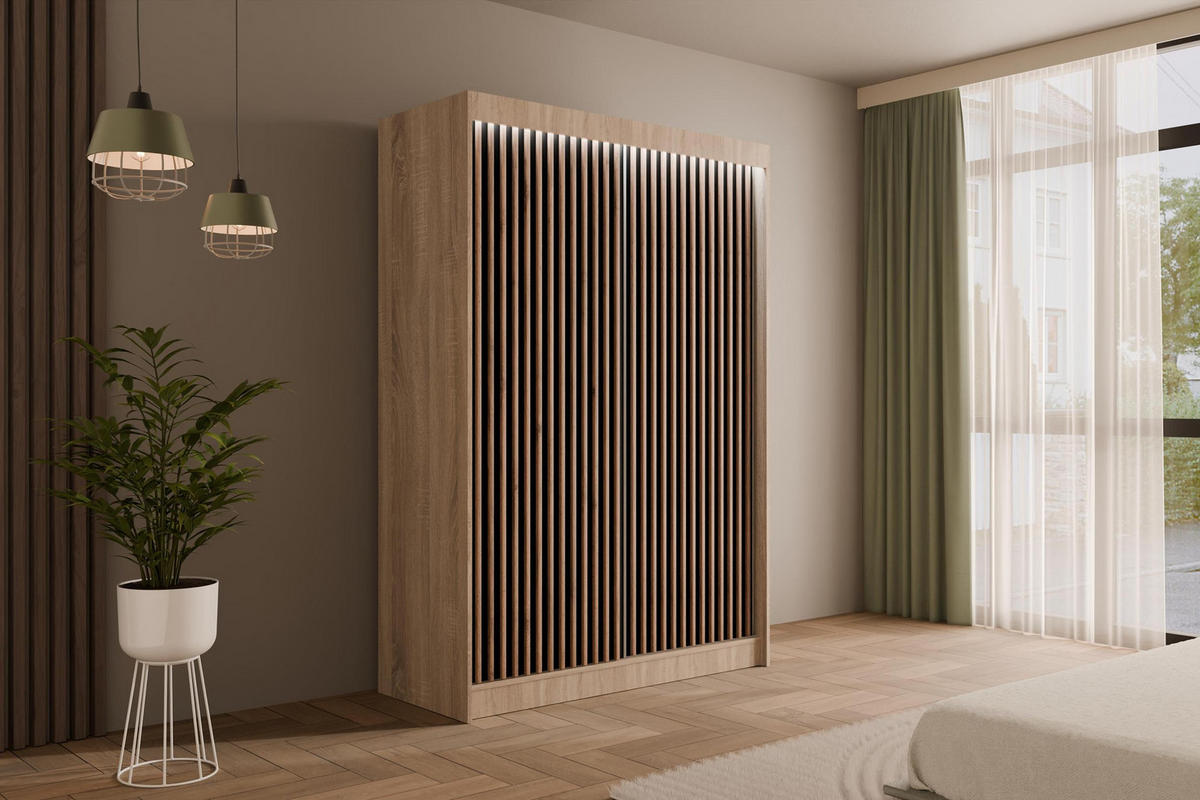 KLEIDERSCHRANK mit LED, Lamel-Schiebetüren VILANv2 - 150 cm Sonoma Eiche + Lamelle Eiche Wotan - Eiche Wotan/Sonoma Eiche, Holzwerkstoff (150/215/61cm) - ALTDECOR
