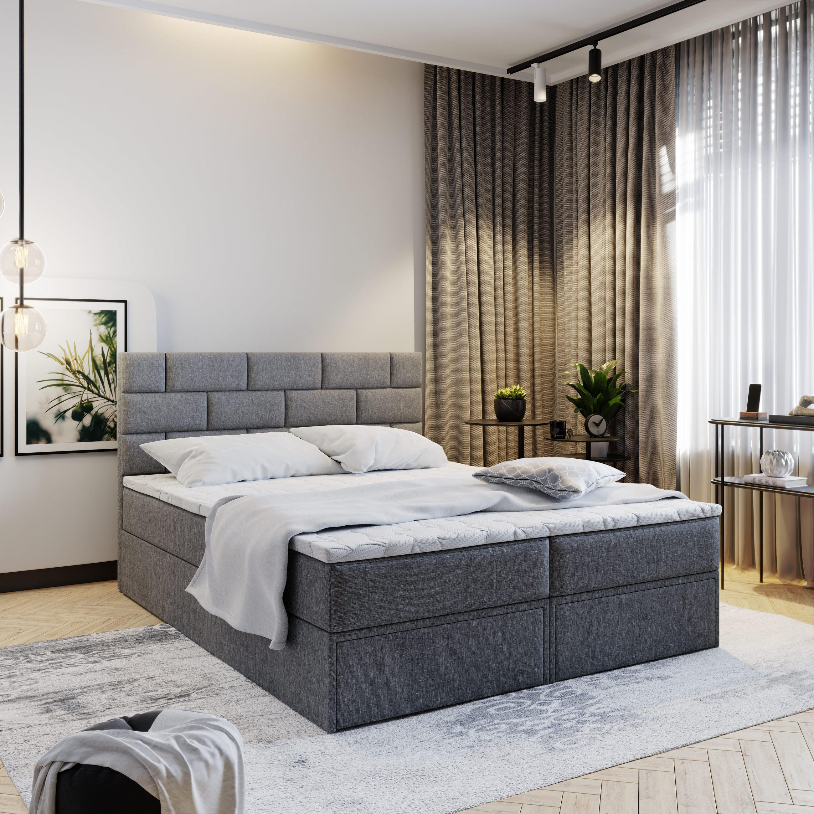 BOXBETT ARINOS 160x200 cm mit Matratze und Topper - Grau - Grau, Holz (160/200cm) - MASSENO