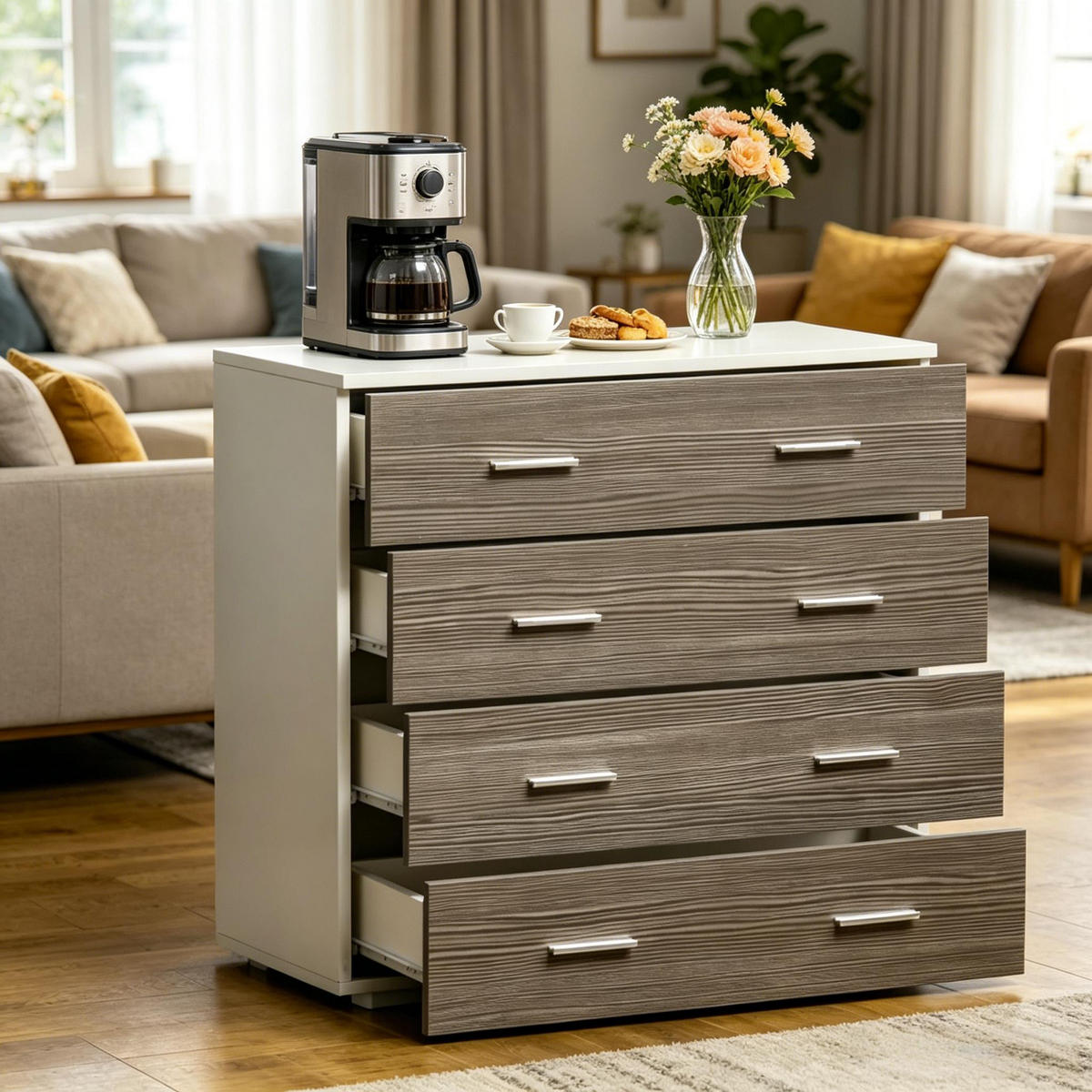 KOMMODE DE-38081 76/35/72 cm mit 4 Schubladen Weiß/Grau - Grau, Holzwerkstoff (76/72/35cm) - ComfortXL