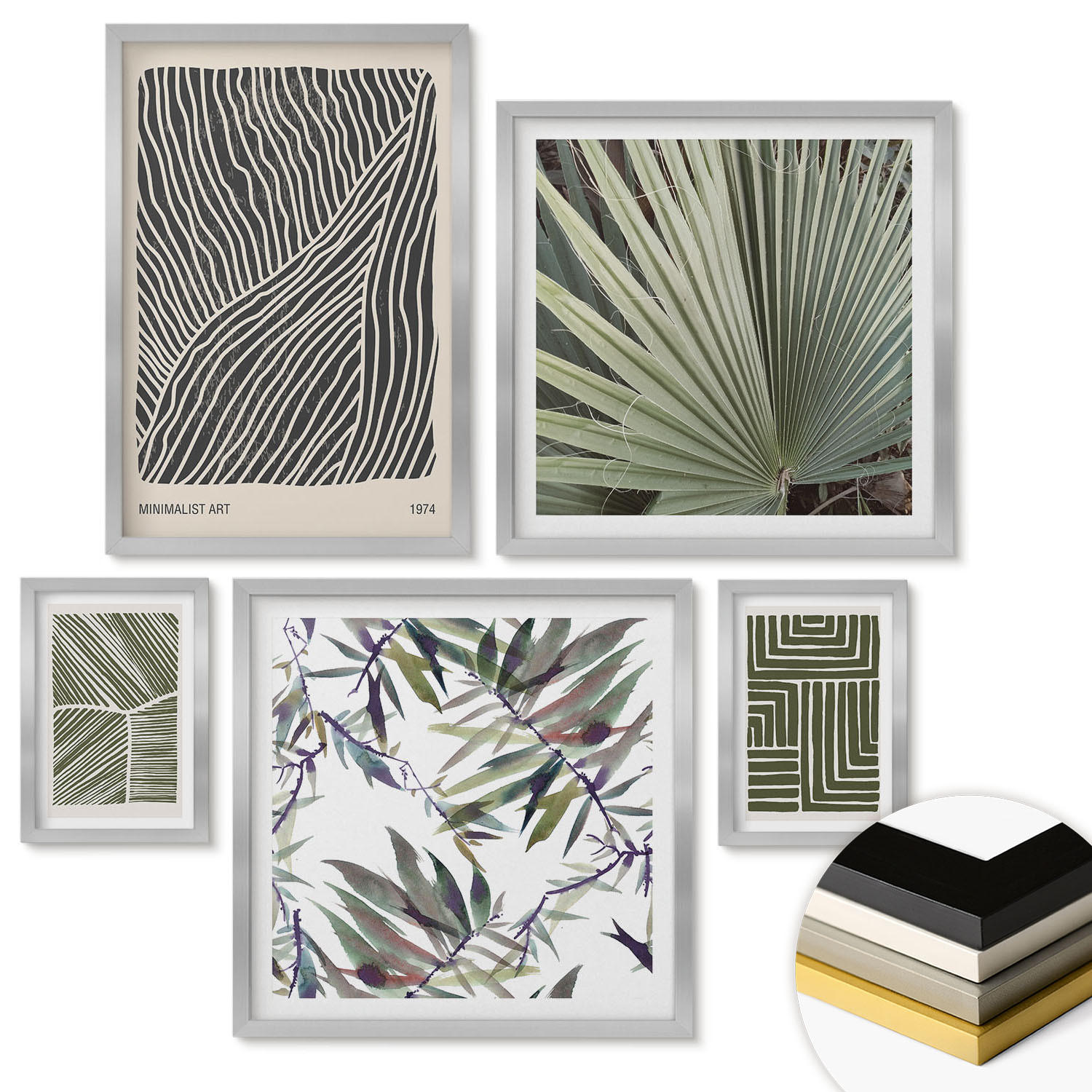 WANDBILDER 5er Set - 50x50 cm & 20x30 cm & 40x60 cm Silberner Rahmen - Formmuster in Grün - Silberfarben, Kunststoff (40/60cm) - ArtPrintCave