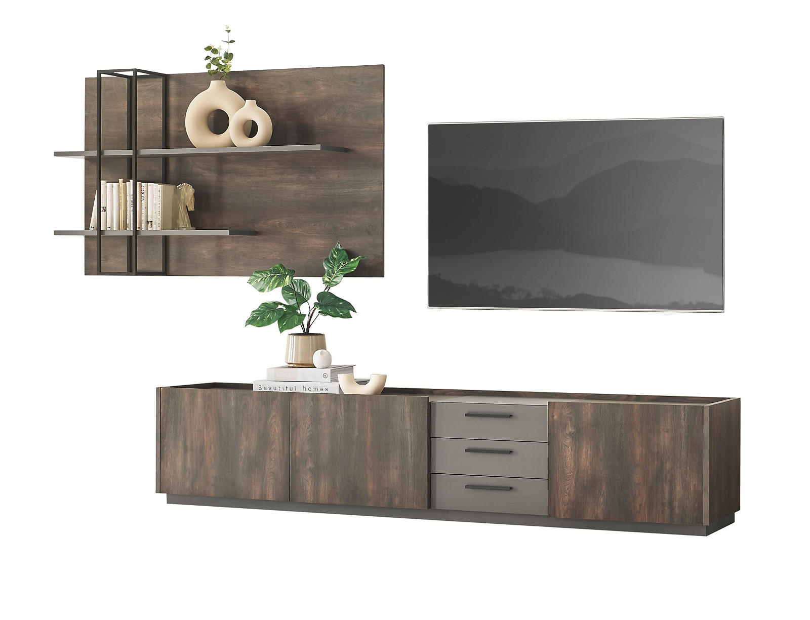 WOHNWAND Thermo Eiche, grau, Set 2-teilig mit XXL TV-Lowboard und Soft-Close - Eichefarben/Grau, Holzwerkstoff/Metall (316/180/45cm) - Furn.Design