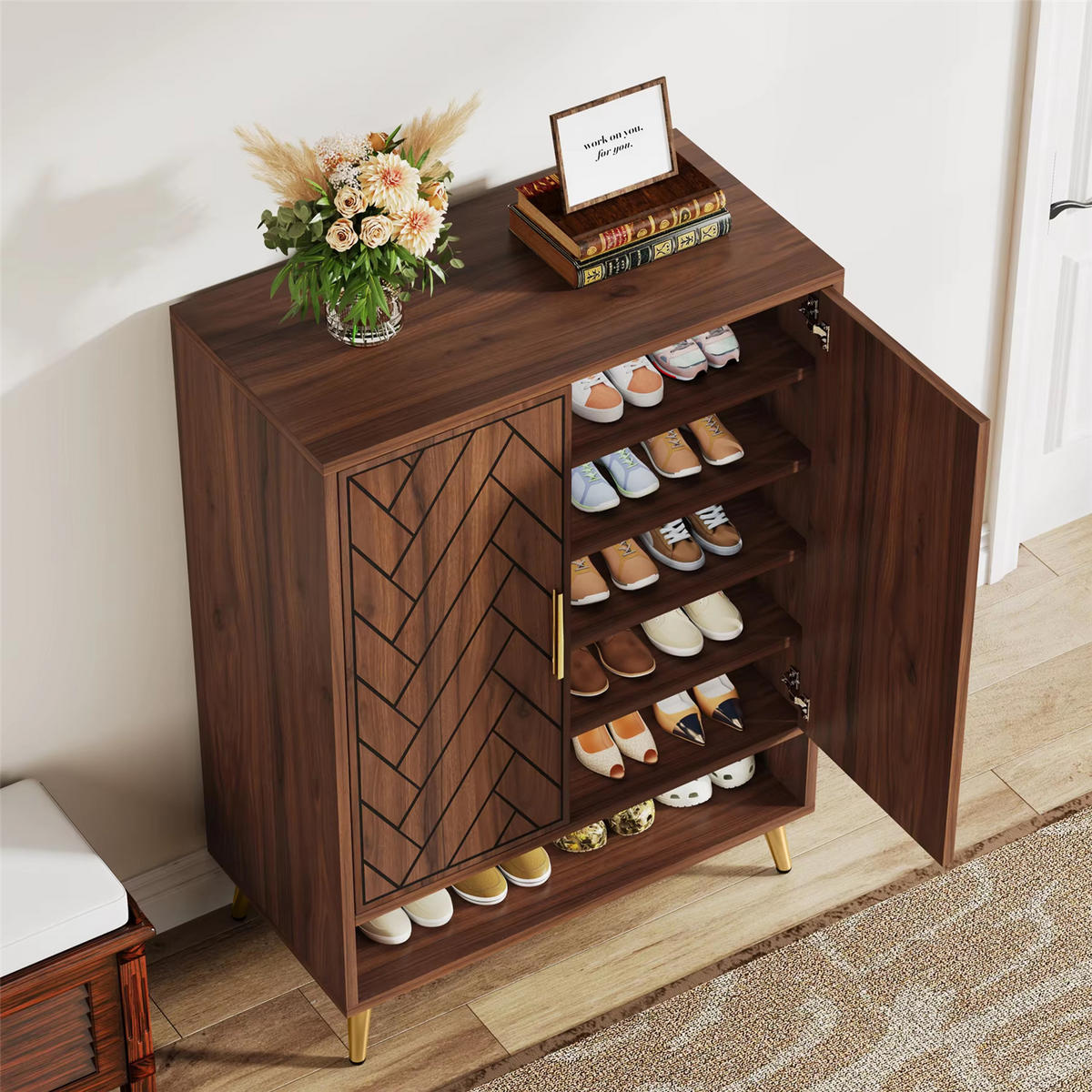 SCHUHSCHRANK Walnuss 6 Ebenen mit Türen - Braun, Holz (75/110/35cm) - Kaket