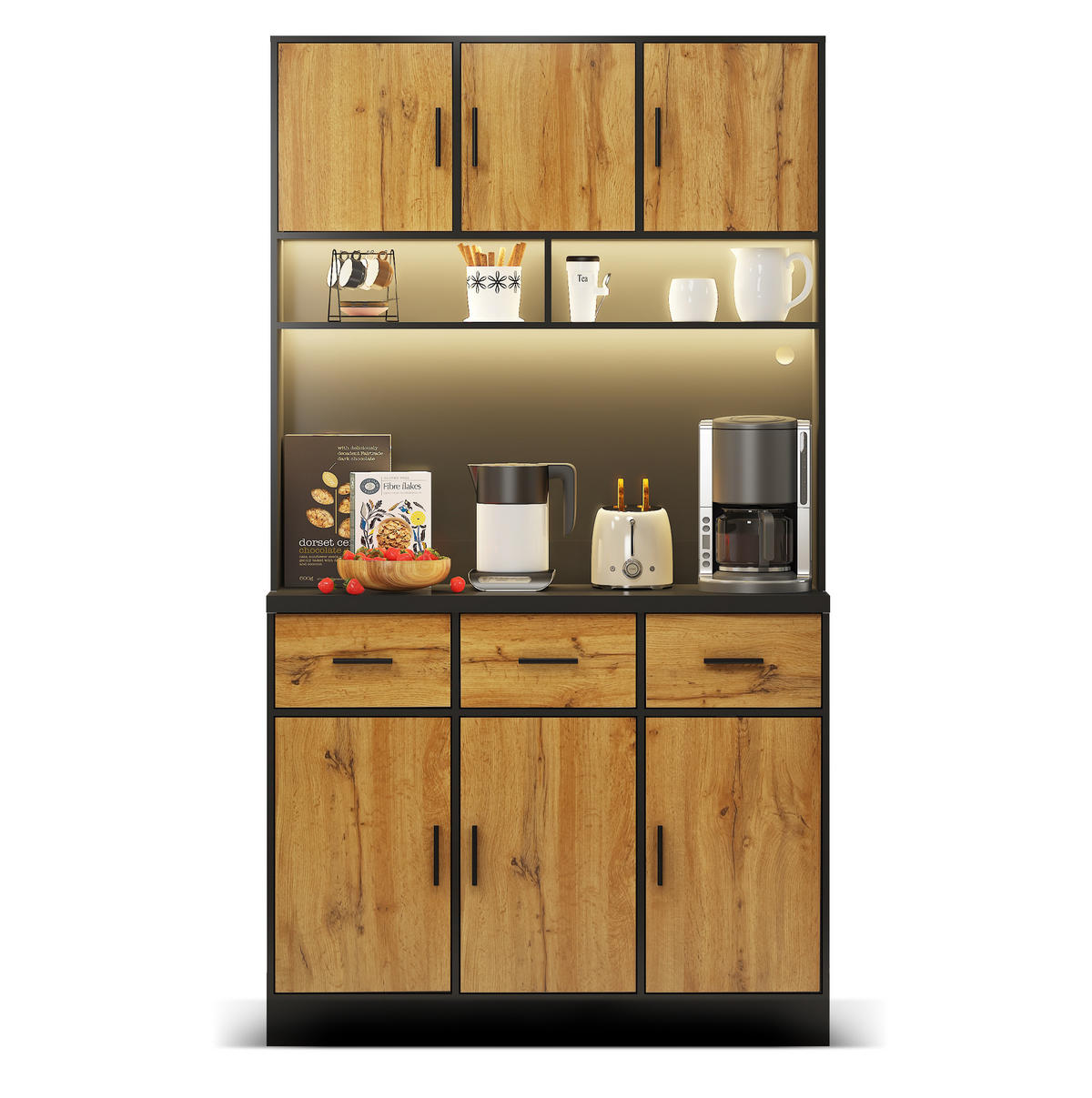 BUFFETSCHRANK 100/40/180 cm schwarz/natur aus MDF mit LED - Schwarz, Holzwerkstoff (100/180/40cm) - OKWISH