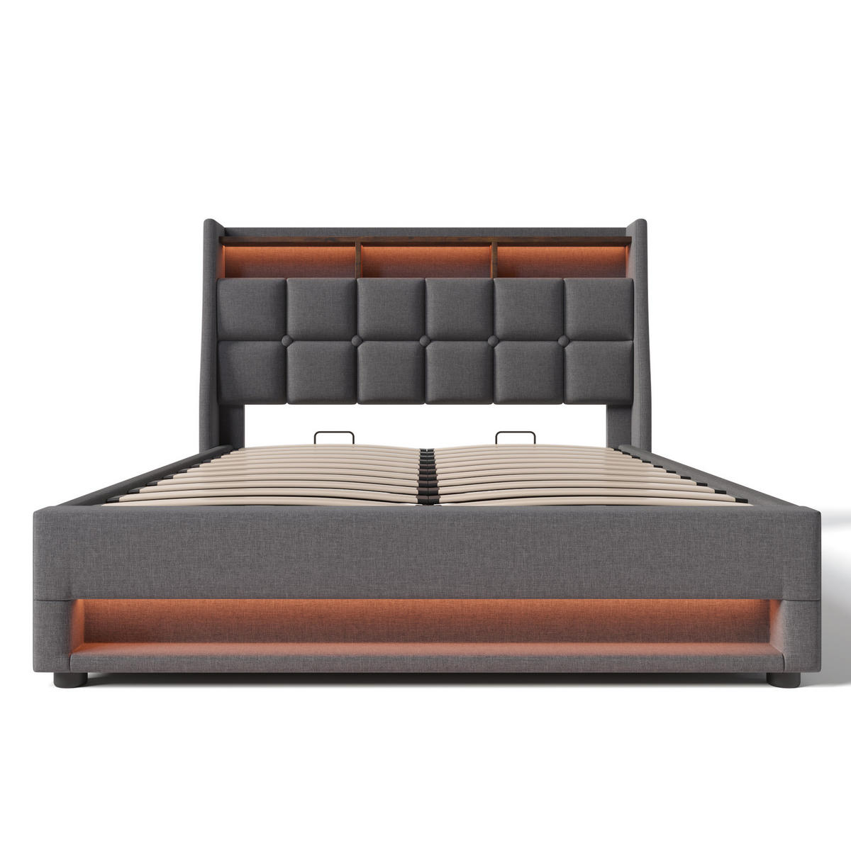 POLSTERBETT 140/200 cm Grau aus Leinen mit LED, USB und Bettkasten - Grau, Textil (140/200cm) - OKMYHOME