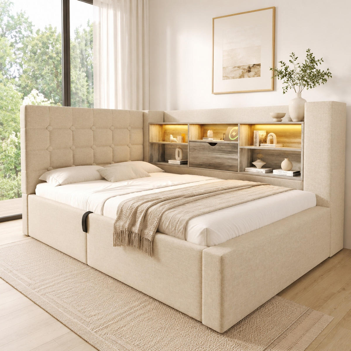 POLSTERBETT 90/200 mit LED, hydraulischem Stauraum und USB in Beige - Beige, Holzwerkstoff/Textil (90/200cm) - EVRYAE