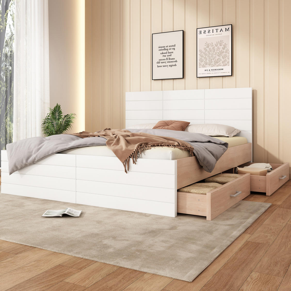 KREVET 160/200 cm s ladicama, podnicom i madracem, od masivnog drva i MDF-a, Bijela i hrast - bijela, drvni materijal (160/200cm) - Redom