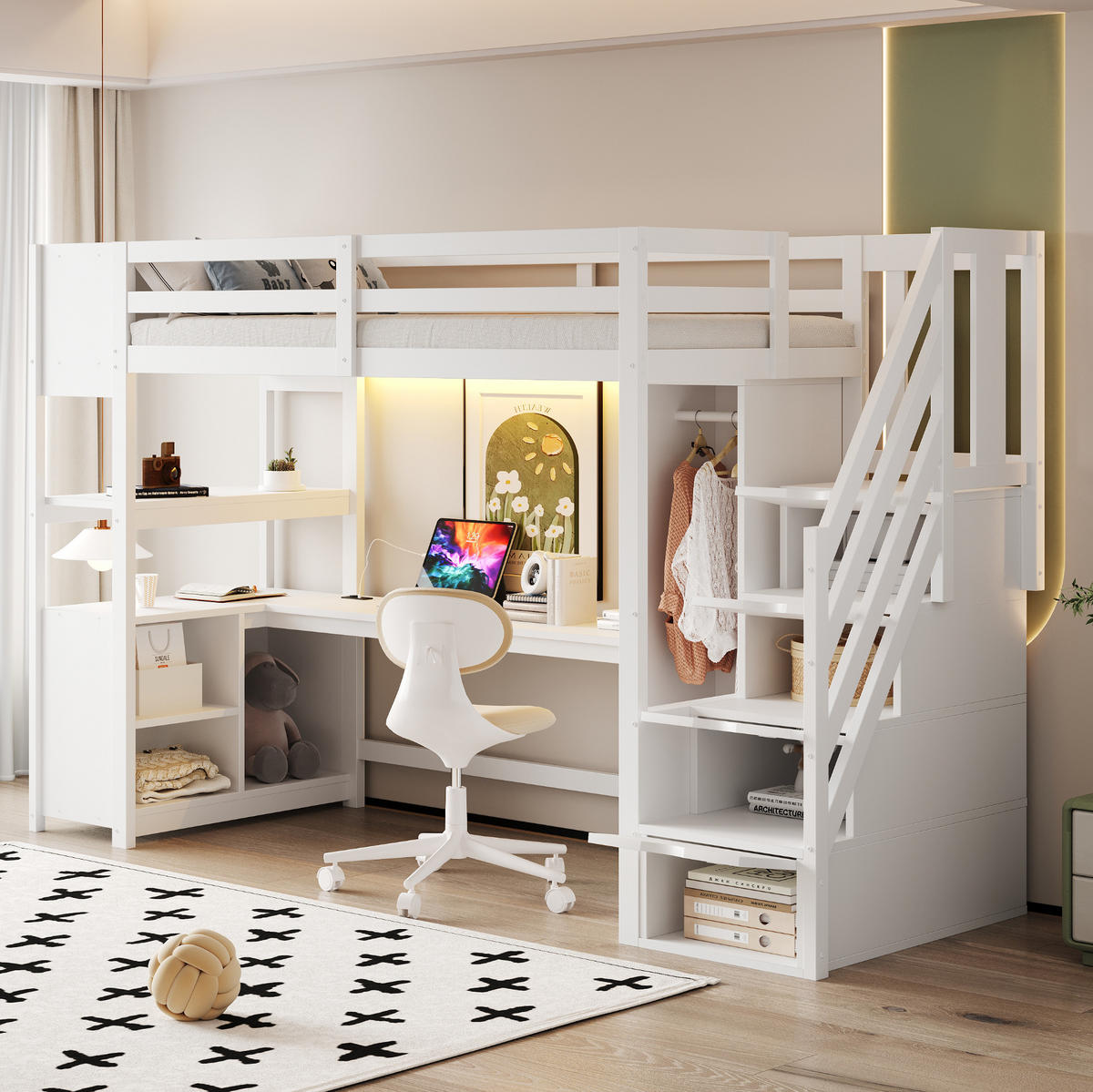 HOCHBETT 90/200 cm weiß aus Massivholz und MDF mit Schreibtisch - Weiß, Holzwerkstoff (90/200cm) - OKWISH